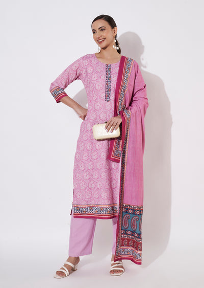 Pink Cotton Straight cut suit