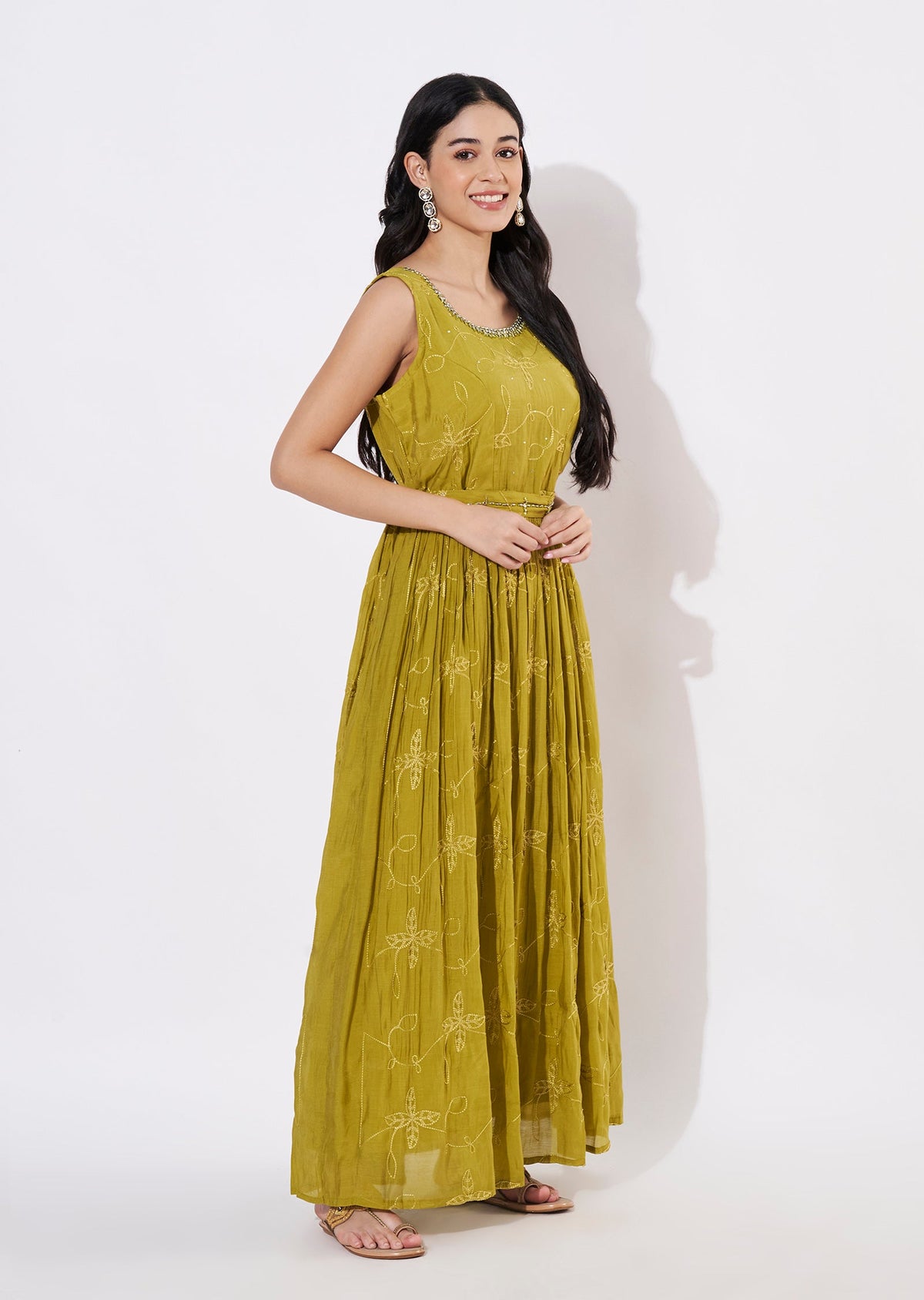 Mehndi Green Mul Chanderi Long Kurti