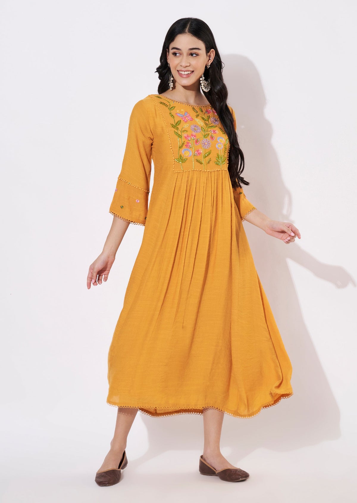 Mustard Linen Georgette Frock style kurti