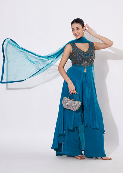 Rama Blue Chinnon Anarkali Suit