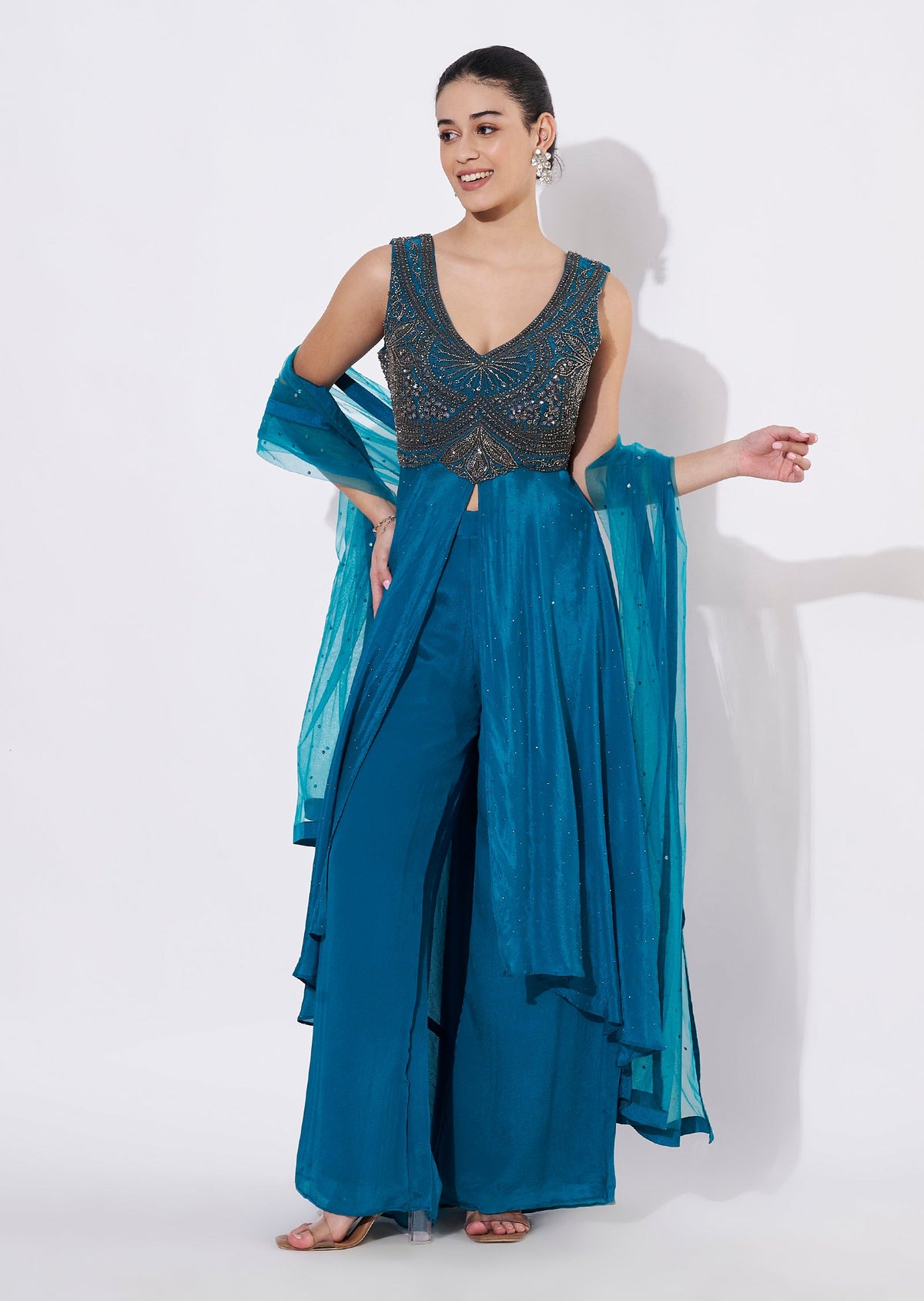 Rama Blue Chinnon Anarkali Suit