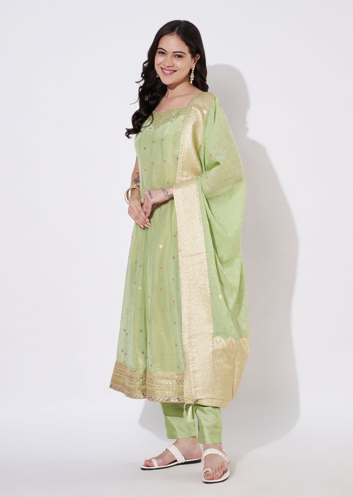 Light Green Tissue Anarkali Suit