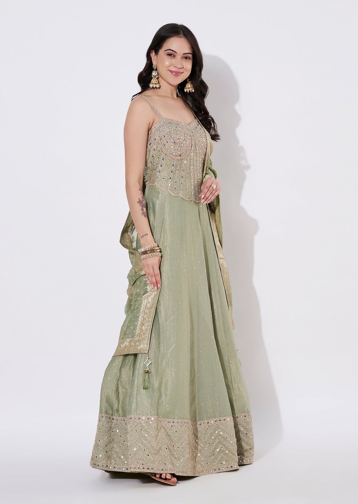 Light Green Tissue Anarkali Suit