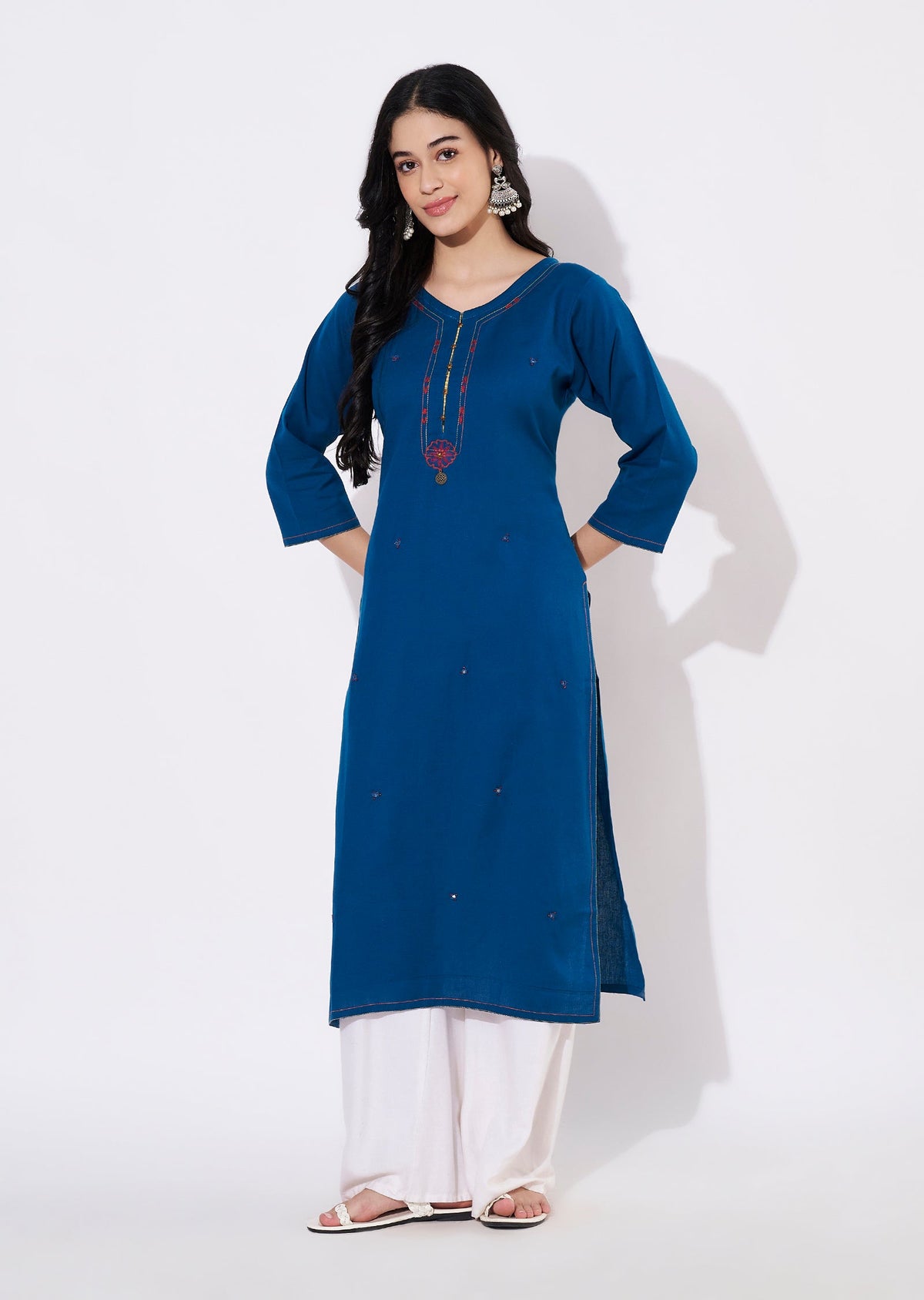 Teal Blue Cotton Straight cut Kurti