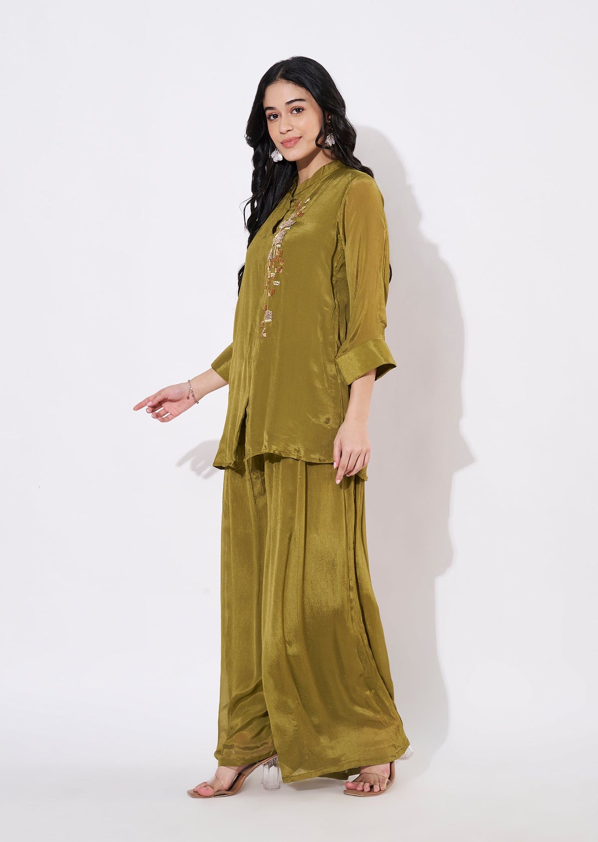 Olive Green Chinnon Fusion wear kurti