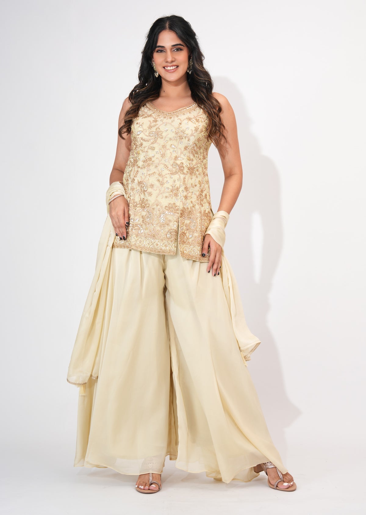 Cream Tissue Sharara Set