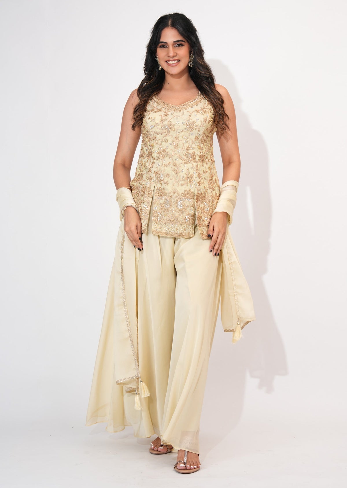 Cream Tissue Sharara Set