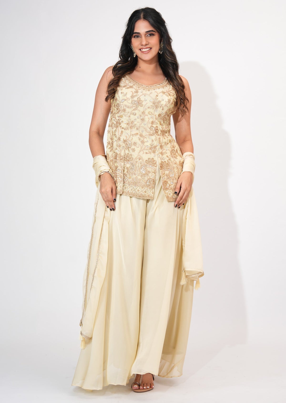 Cream Tissue Sharara Set