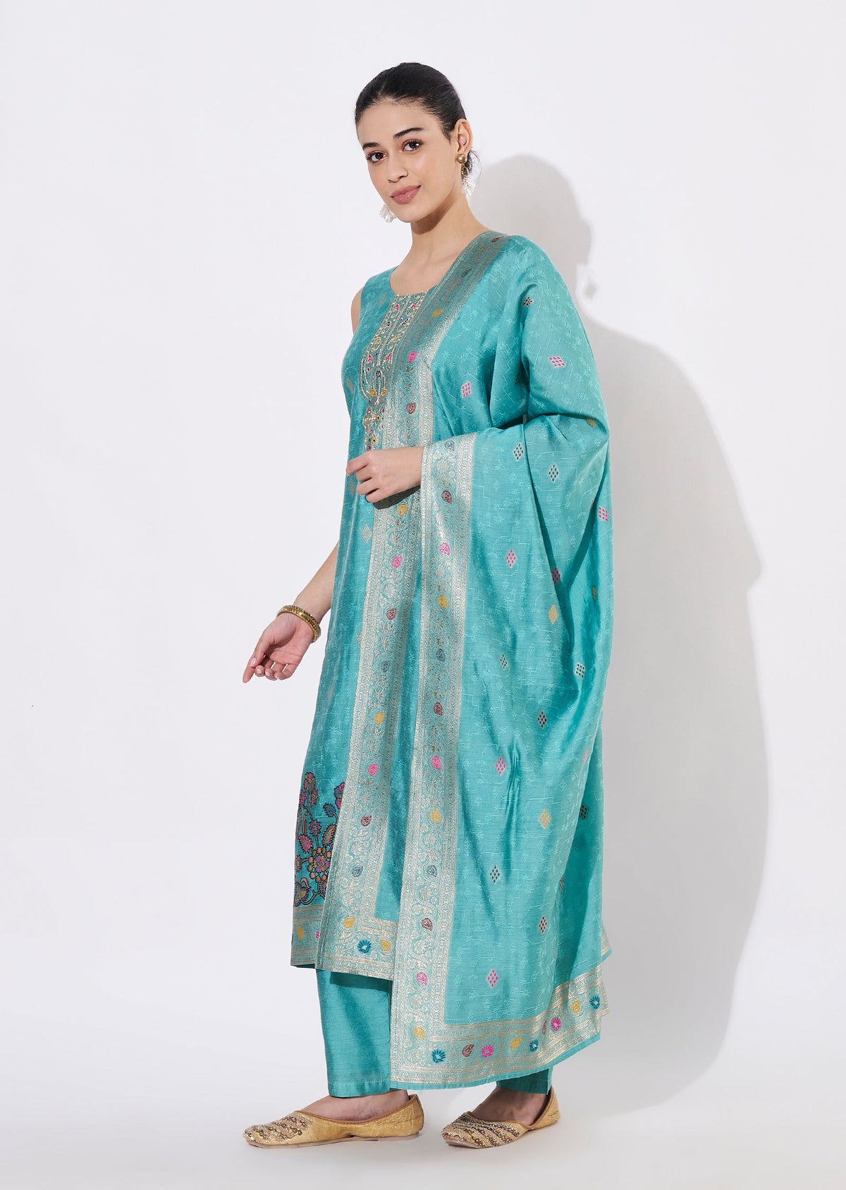 Light Blue Silk Straight cut suit