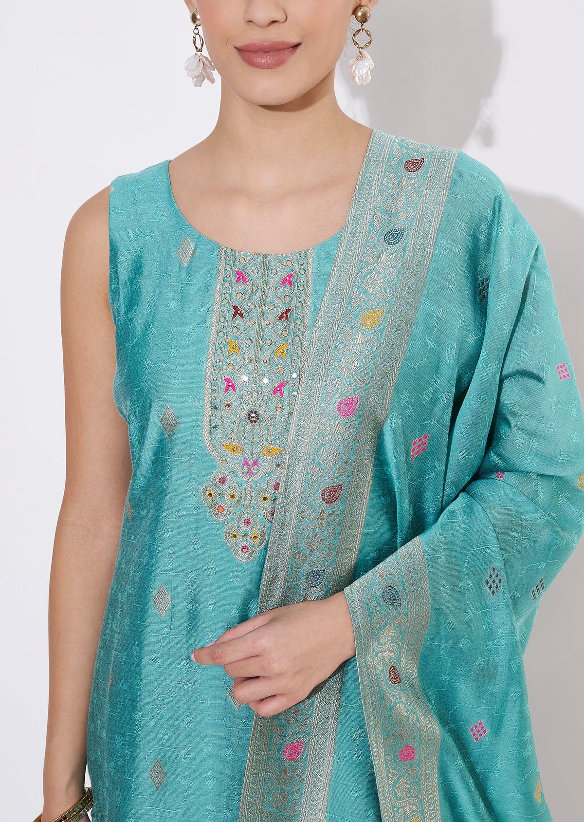 Light Blue Silk Straight cut suit