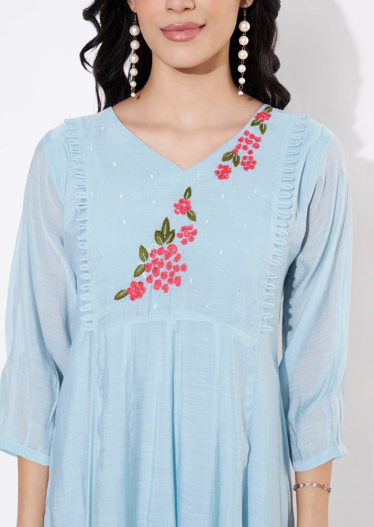 Dusty Blue Mul Chanderi Frock style kurti