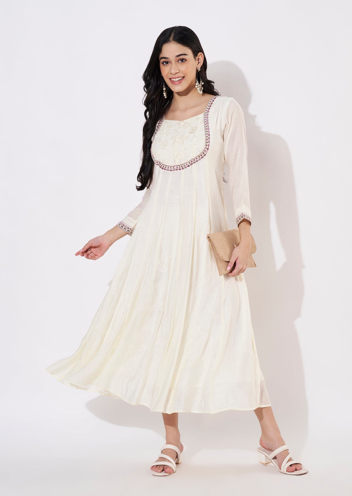 Cream Mul Chanderi Frock style kurti