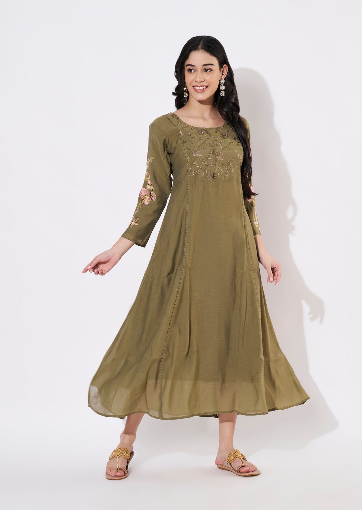 Olive Green Mul Chanderi Frock style kurti