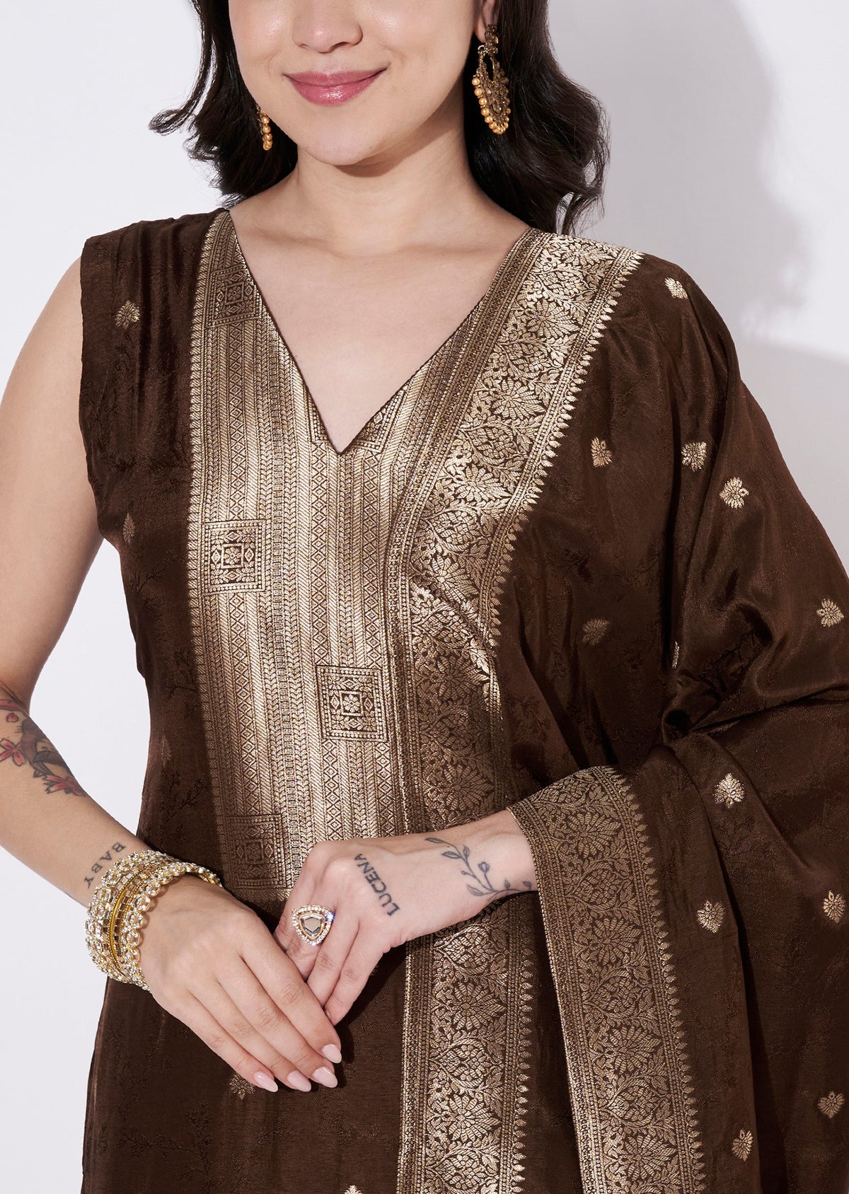 Brown Silk Straight cut suit
