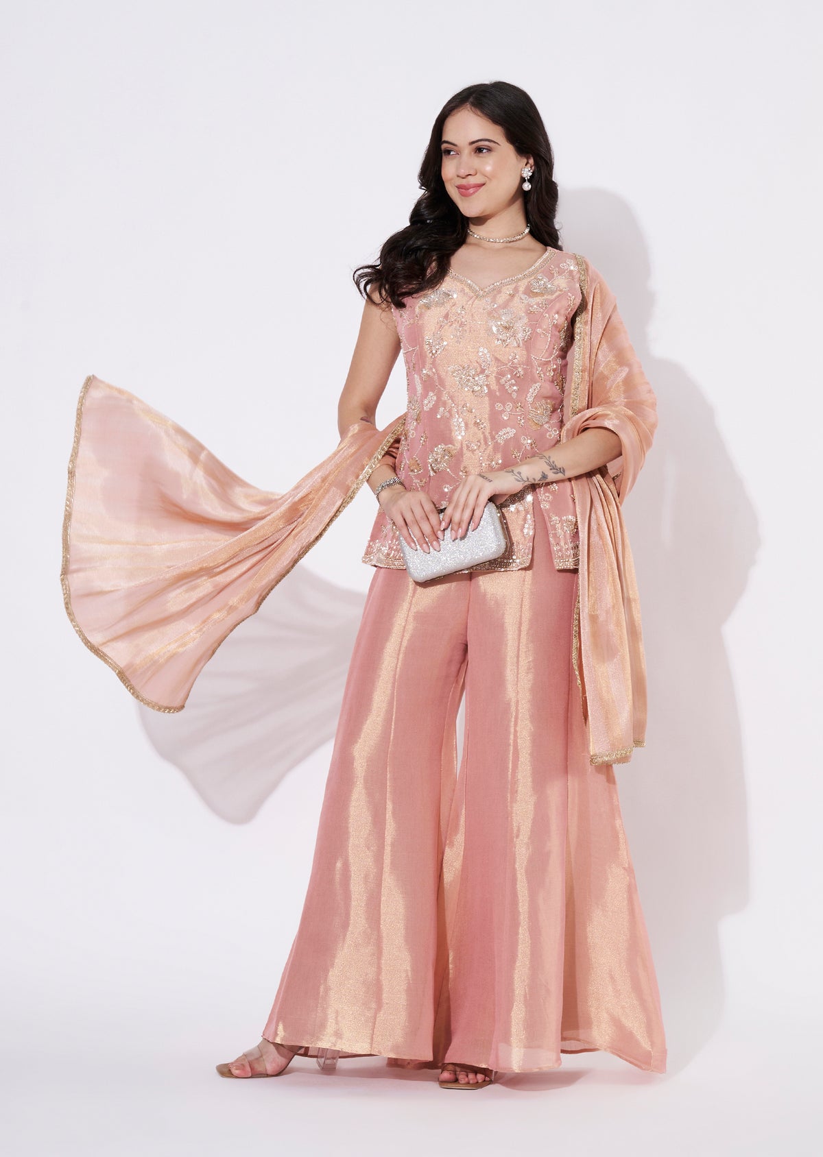 Peach Tissue Sharara Set