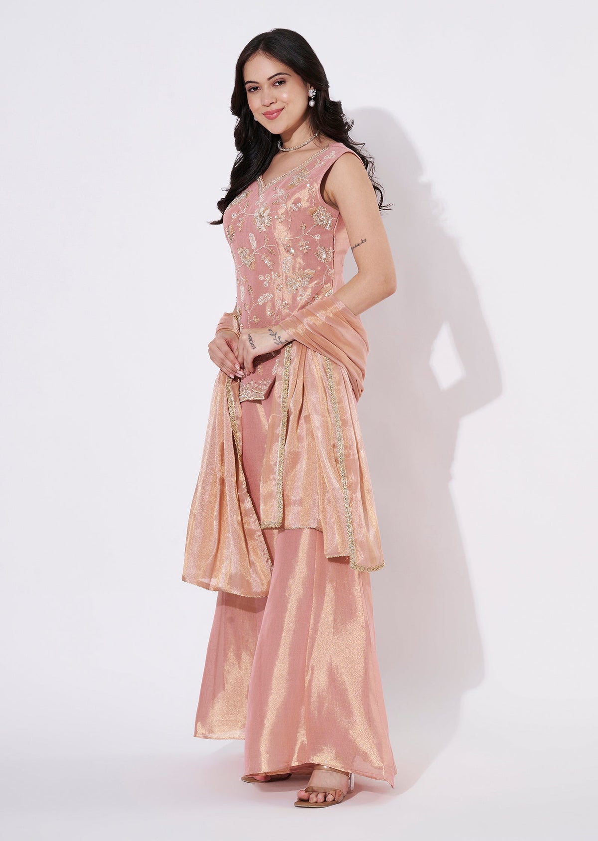 Peach Tissue Sharara Set