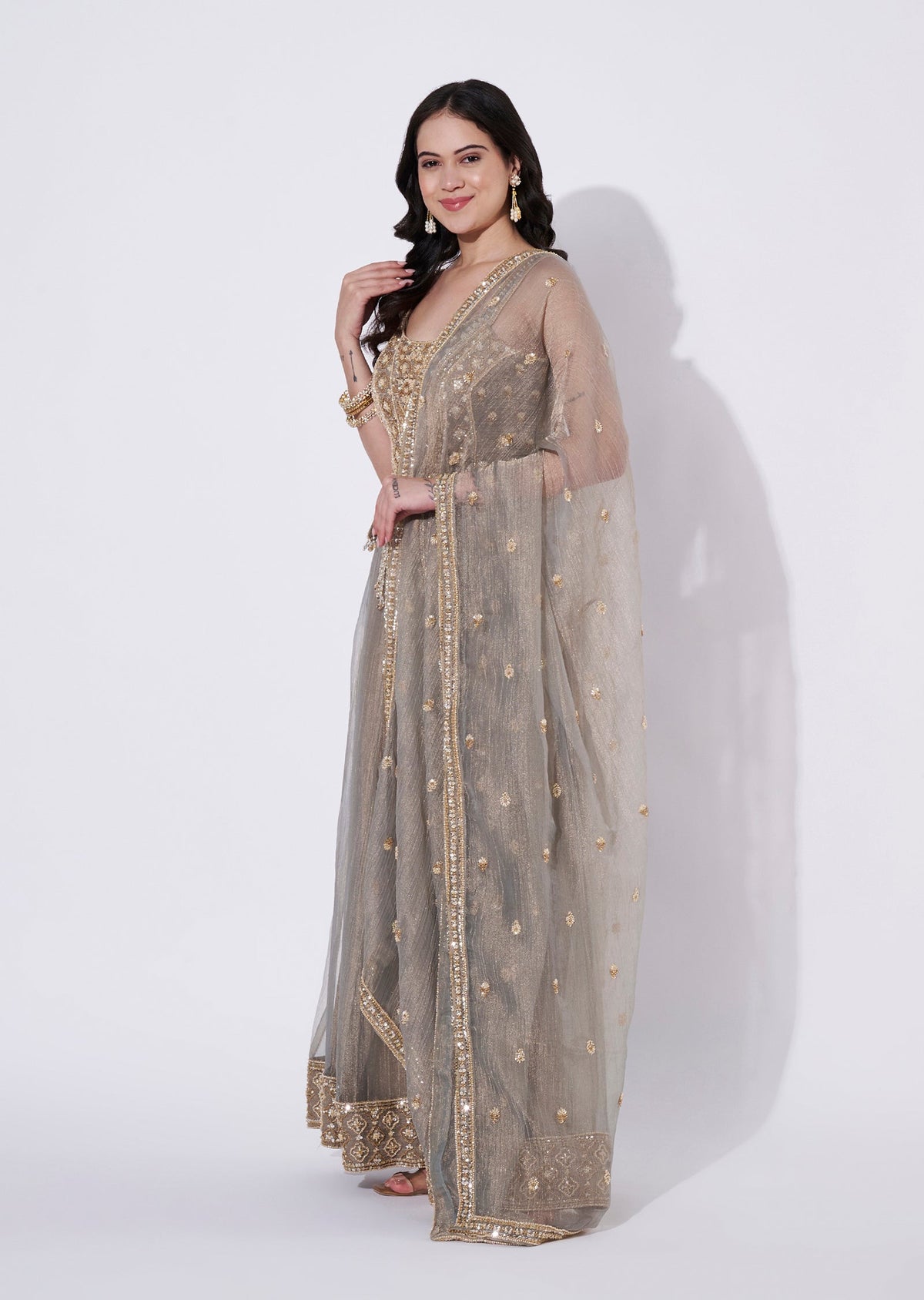 Grey Tissue Sharara Set
