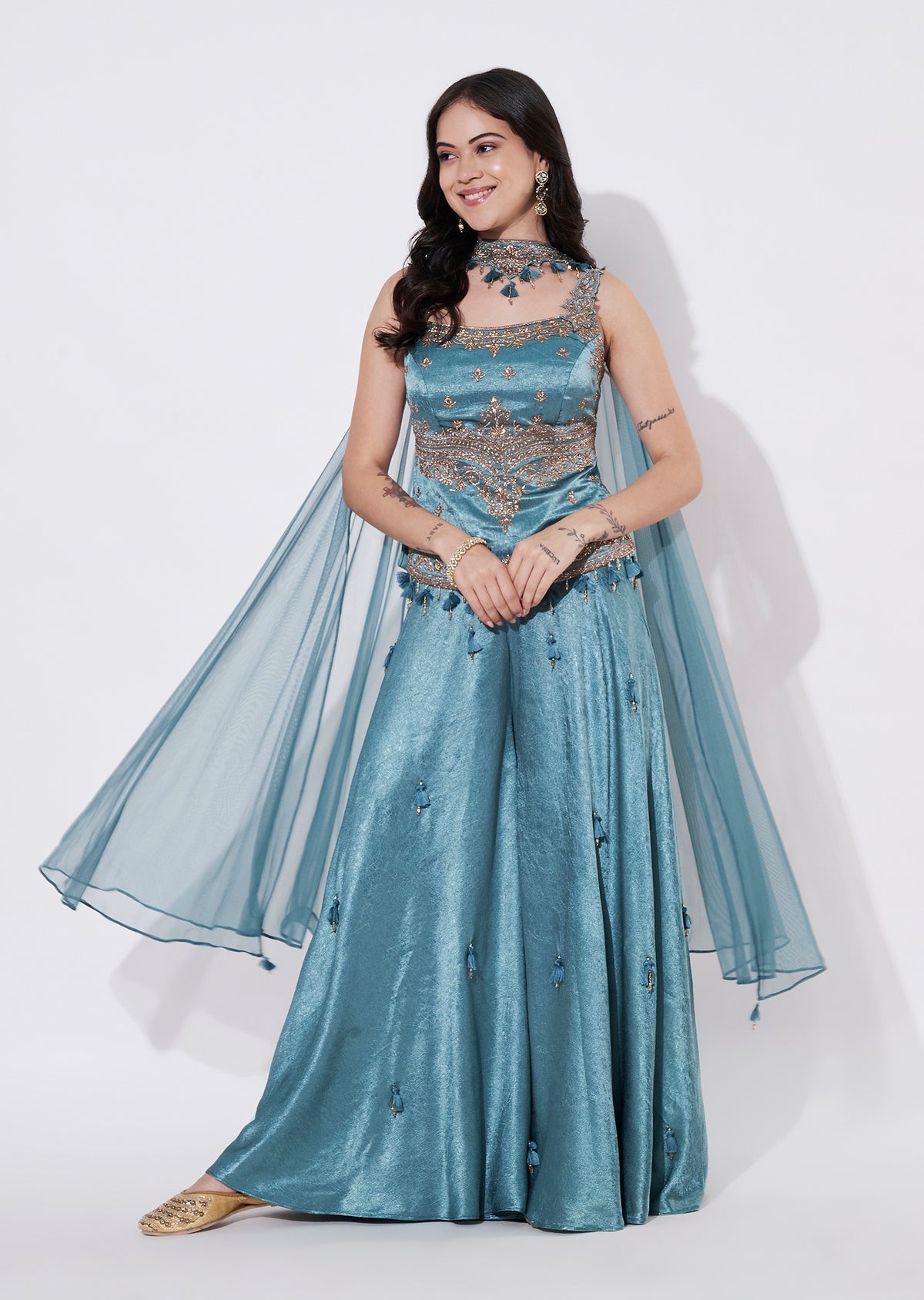 Dusty Blue Silk Sharara Set