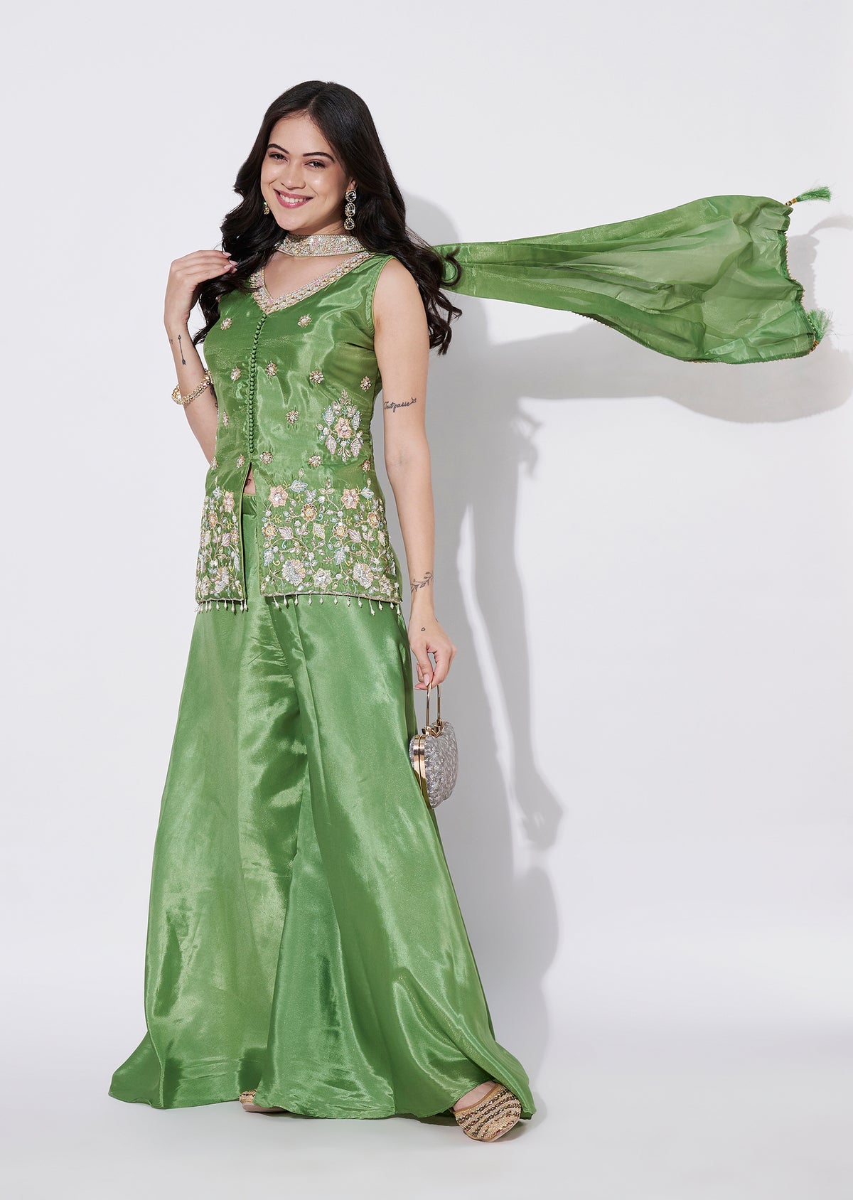 Green Tissue Sharara Set