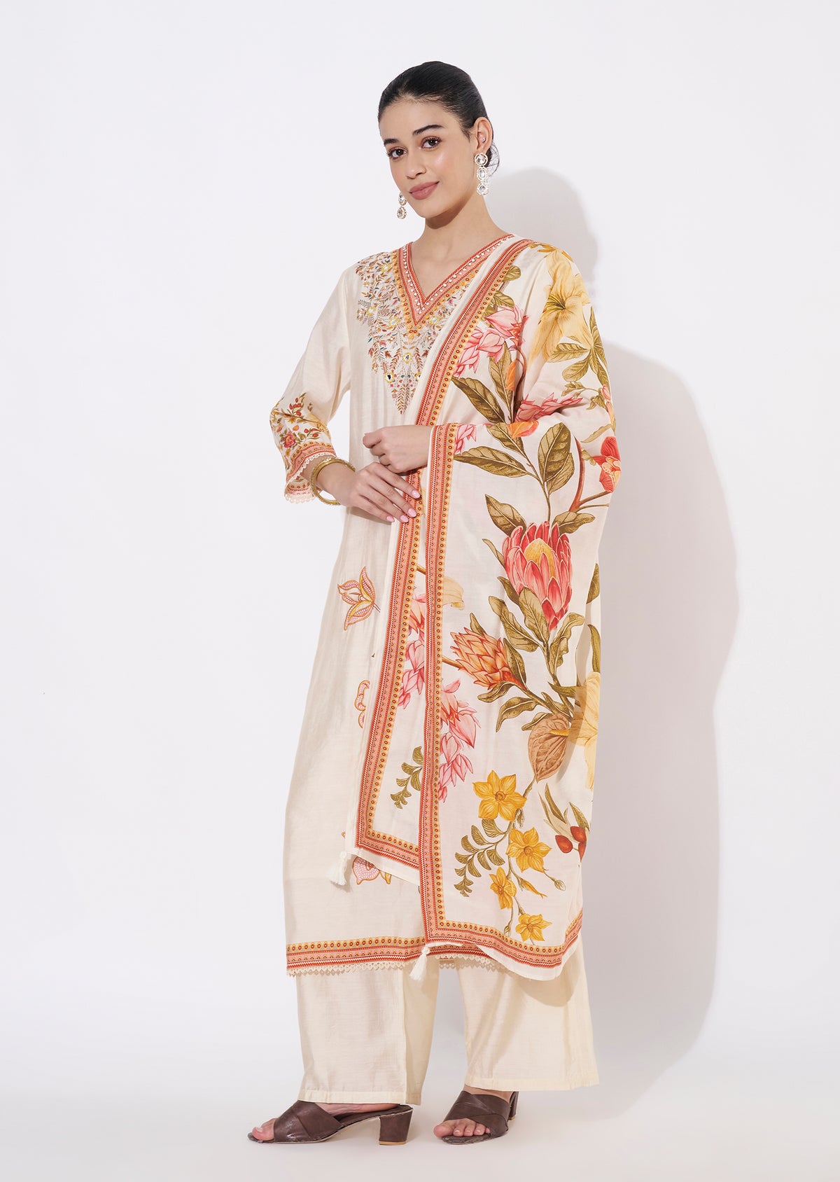 Beige Silk Straight cut suit