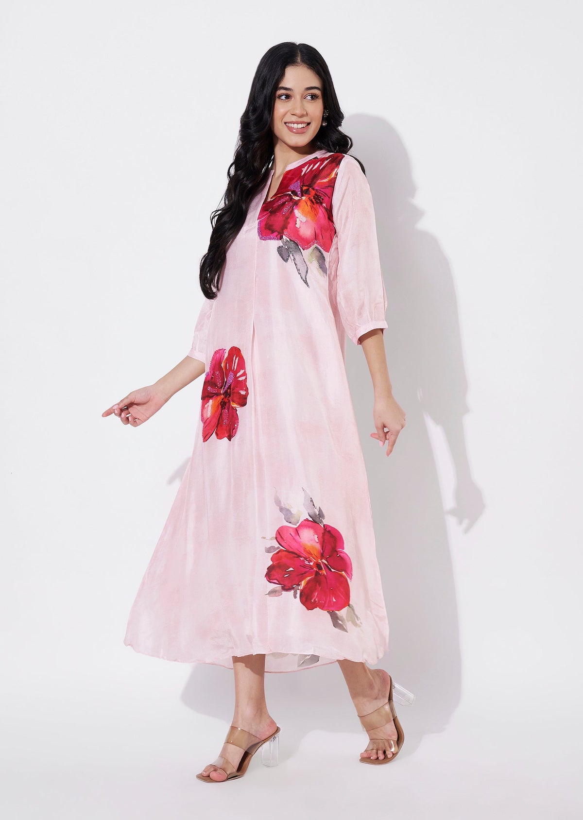 Baby Pink Dola Silk Frock style kurti