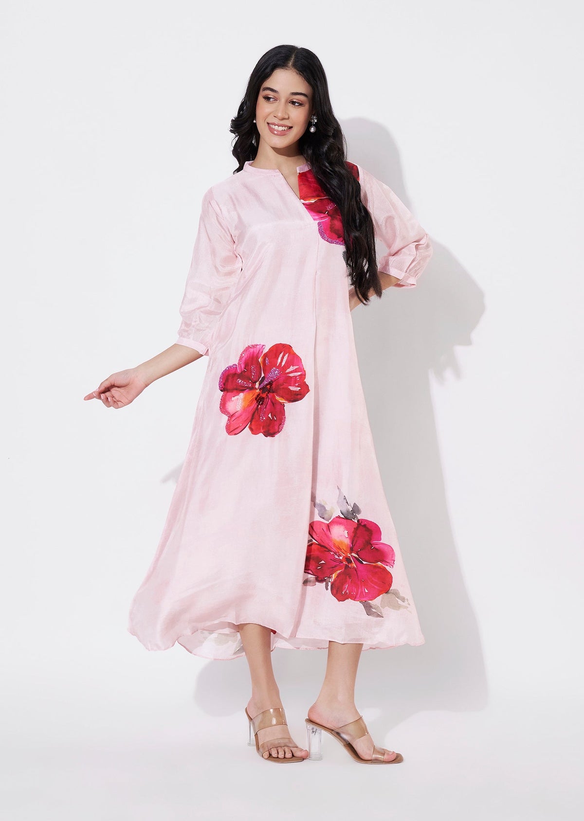 Baby Pink Dola Silk Frock style kurti