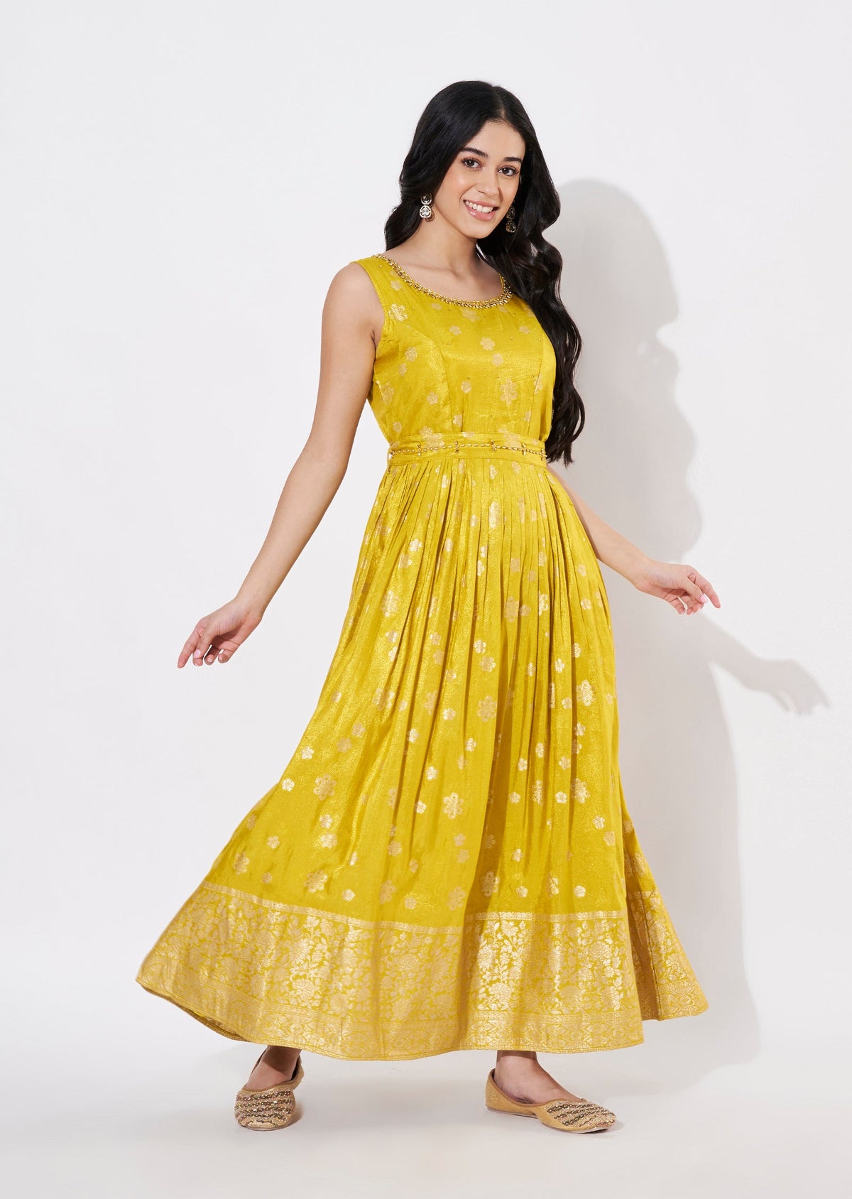 Mustard Banaras Long Kurti