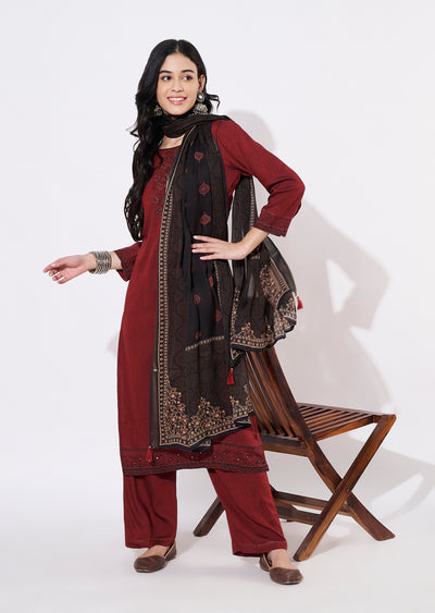 Maroon Silk Straight cut suit