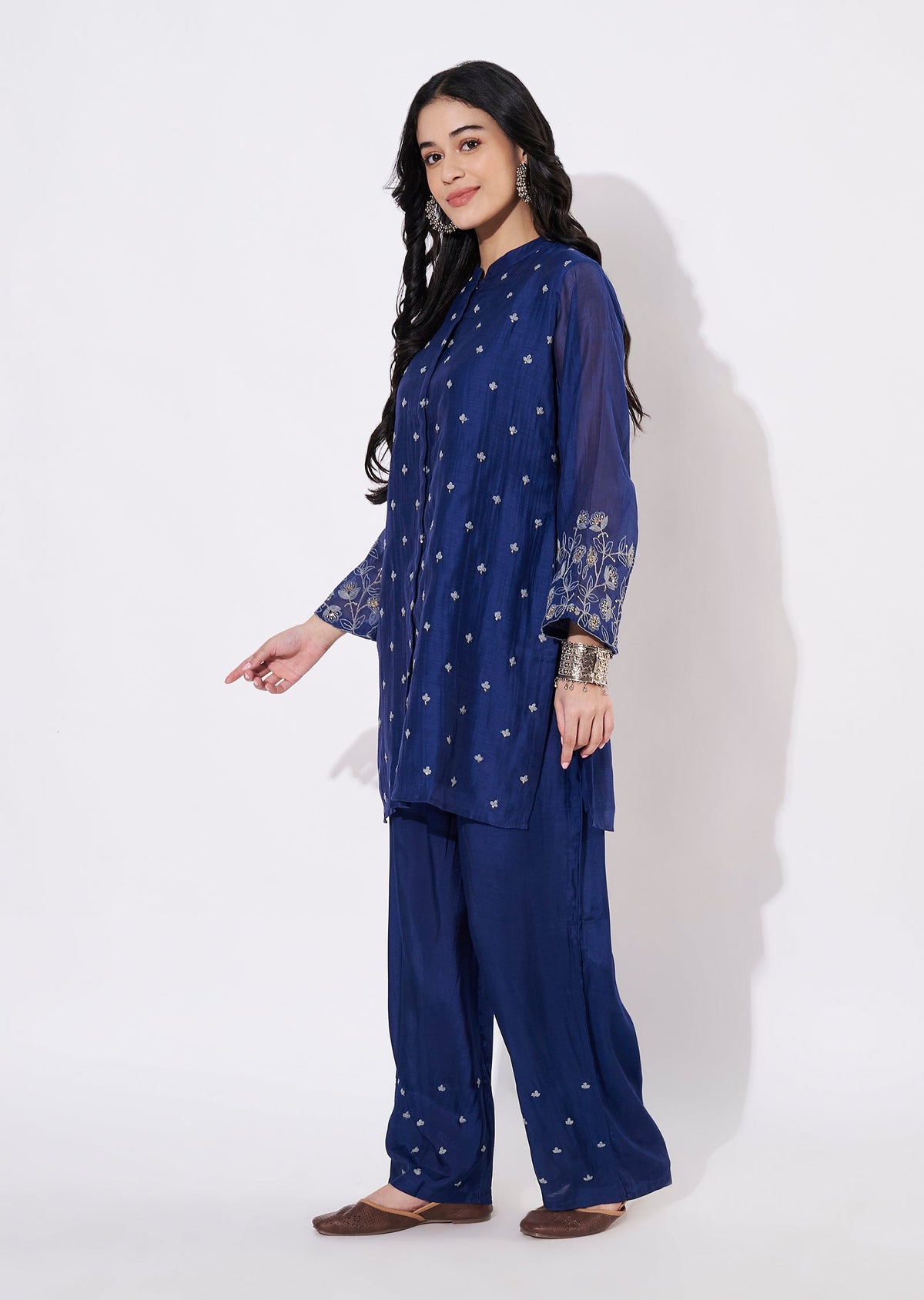 Navy Blue Chanderi Fusion wear kurti