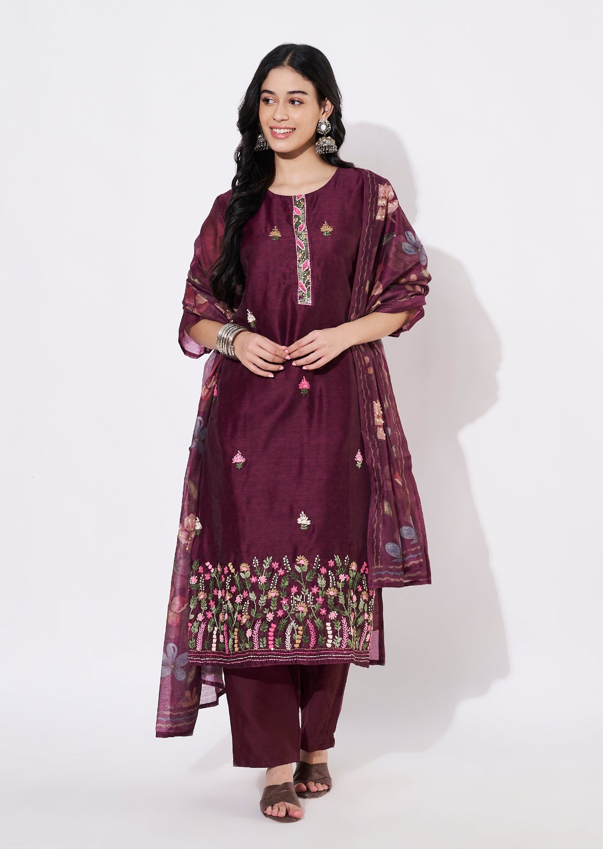 Wine Chanderi Straight cut suit