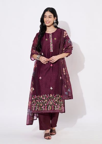 Wine Chanderi Straight cut suit