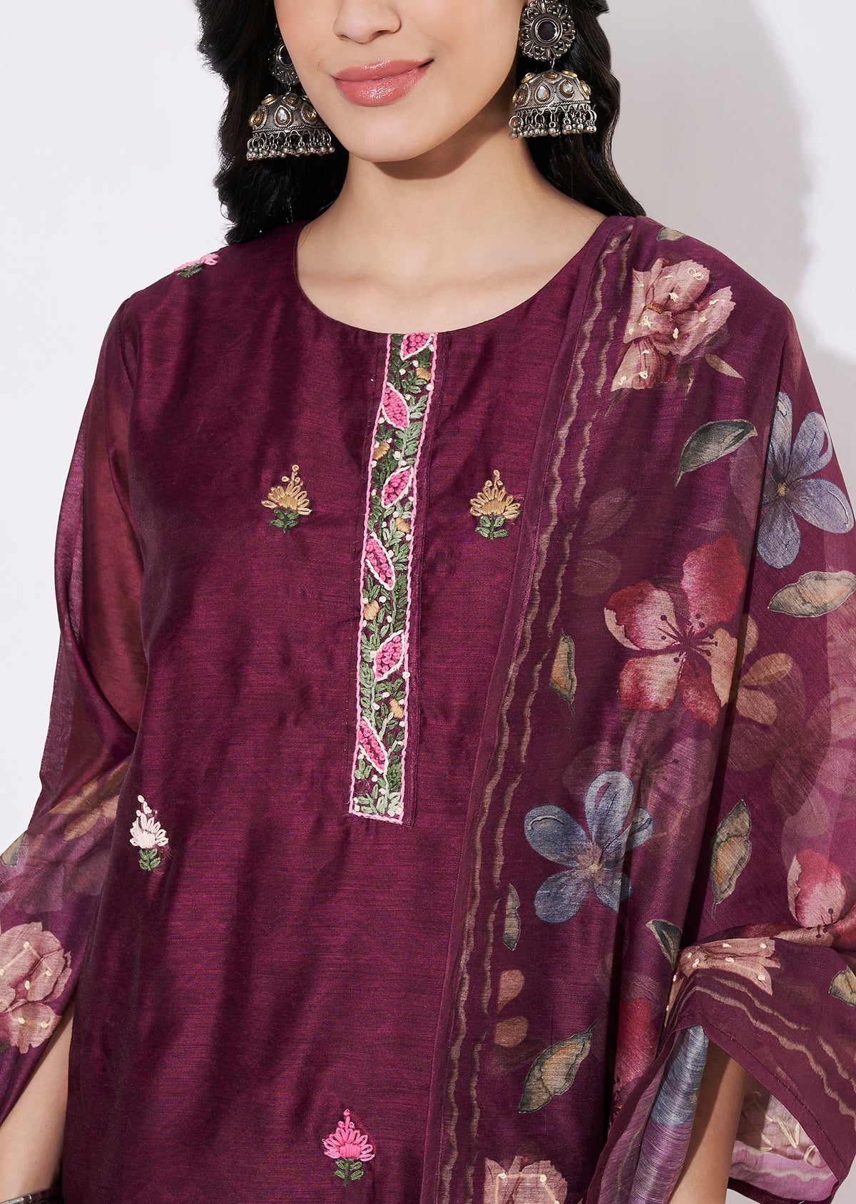 Wine Chanderi Straight cut suit