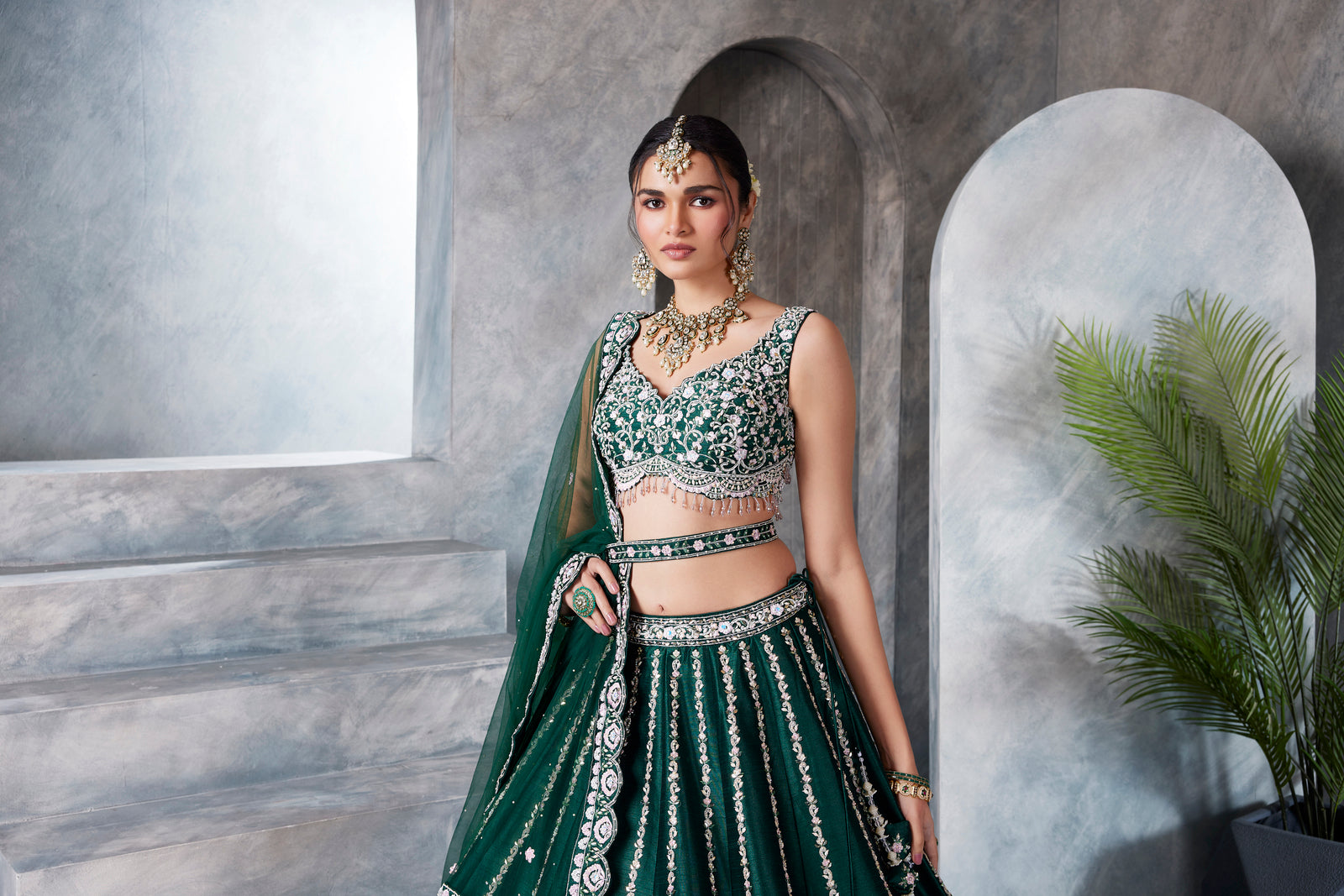 Bottle Green Raw Silk Lehenga Set
