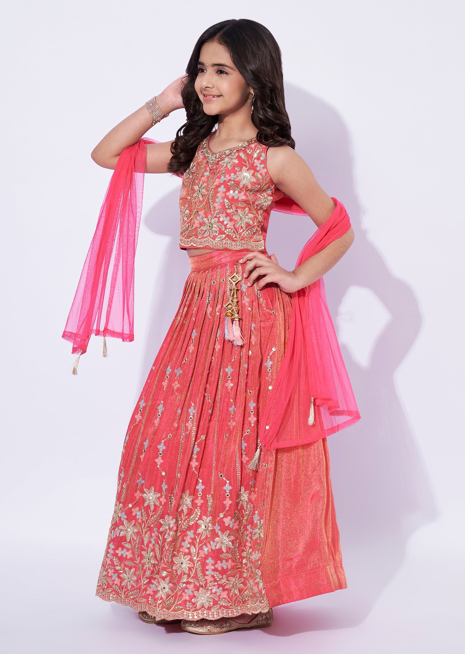 Pink Tissue Girls Ghagra Choli