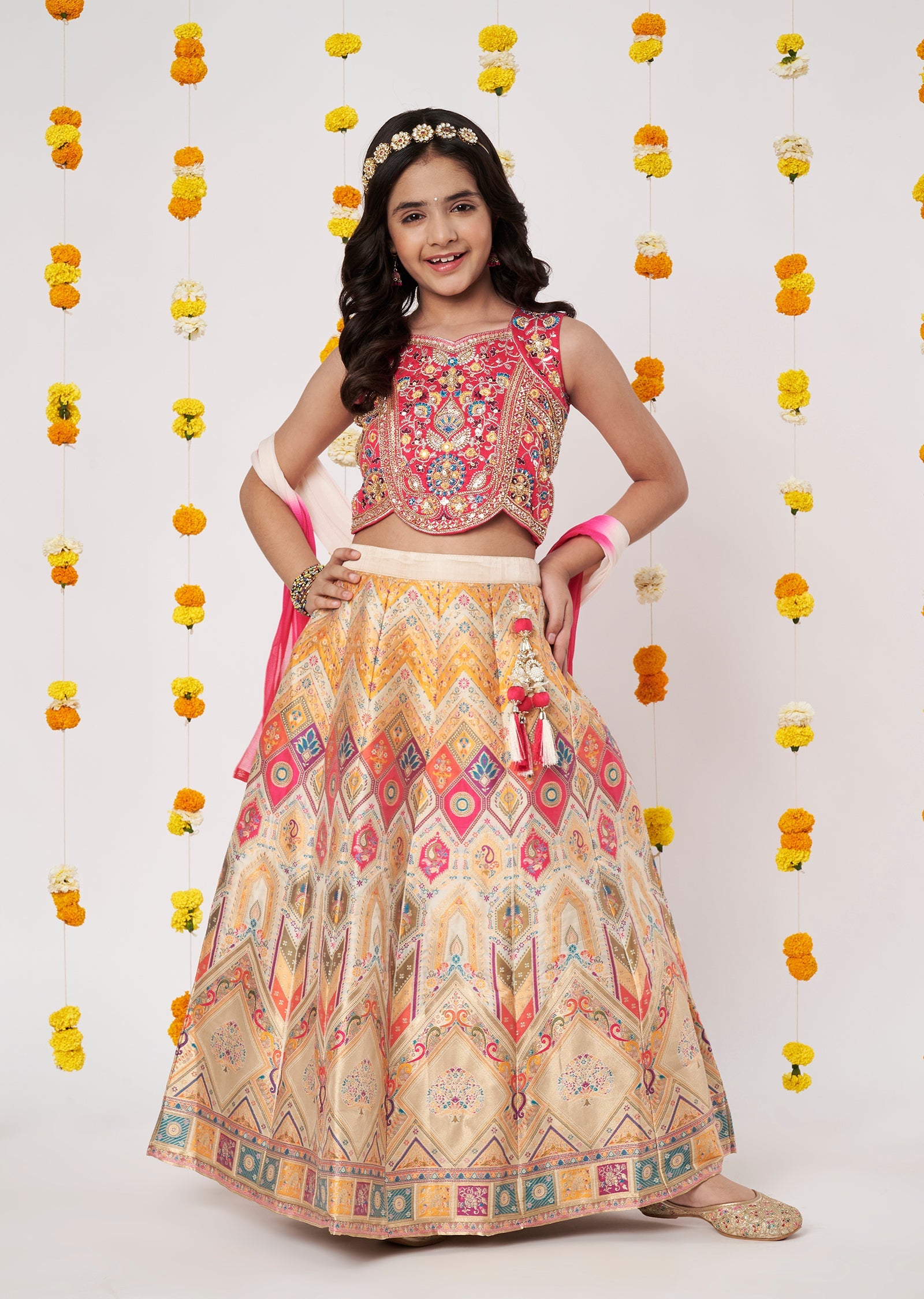 Cream Banara Girls Ghagra Choli