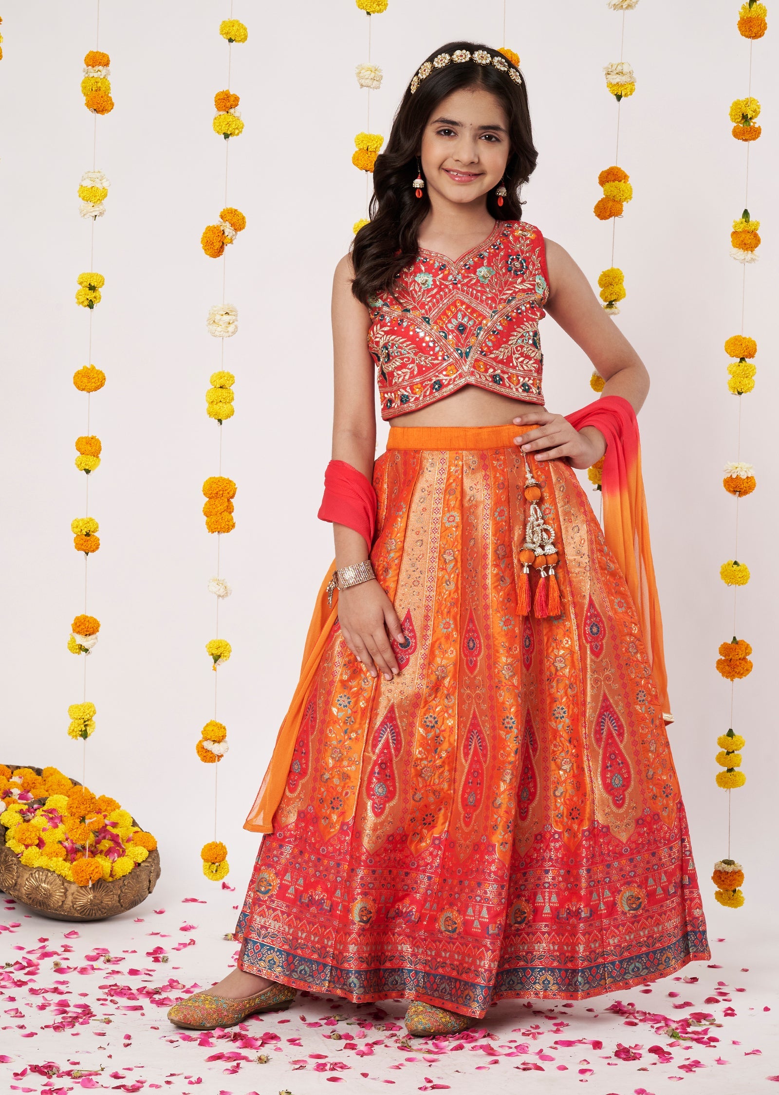 Orange Banaras Girls Ghagra Choli