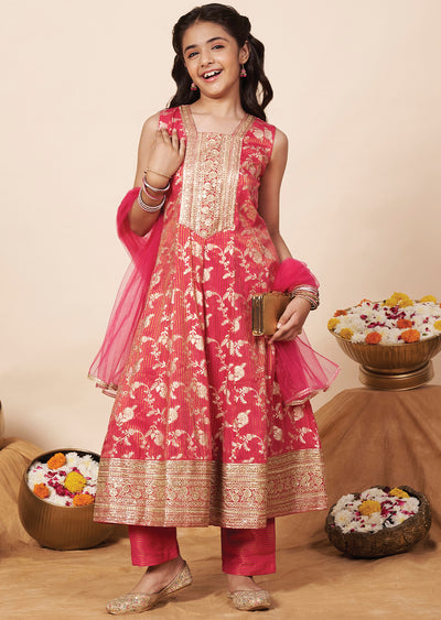 Rani Pink Banaras Girls Anarkali