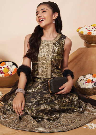 Dark Grey Banaras Girls Anarkali