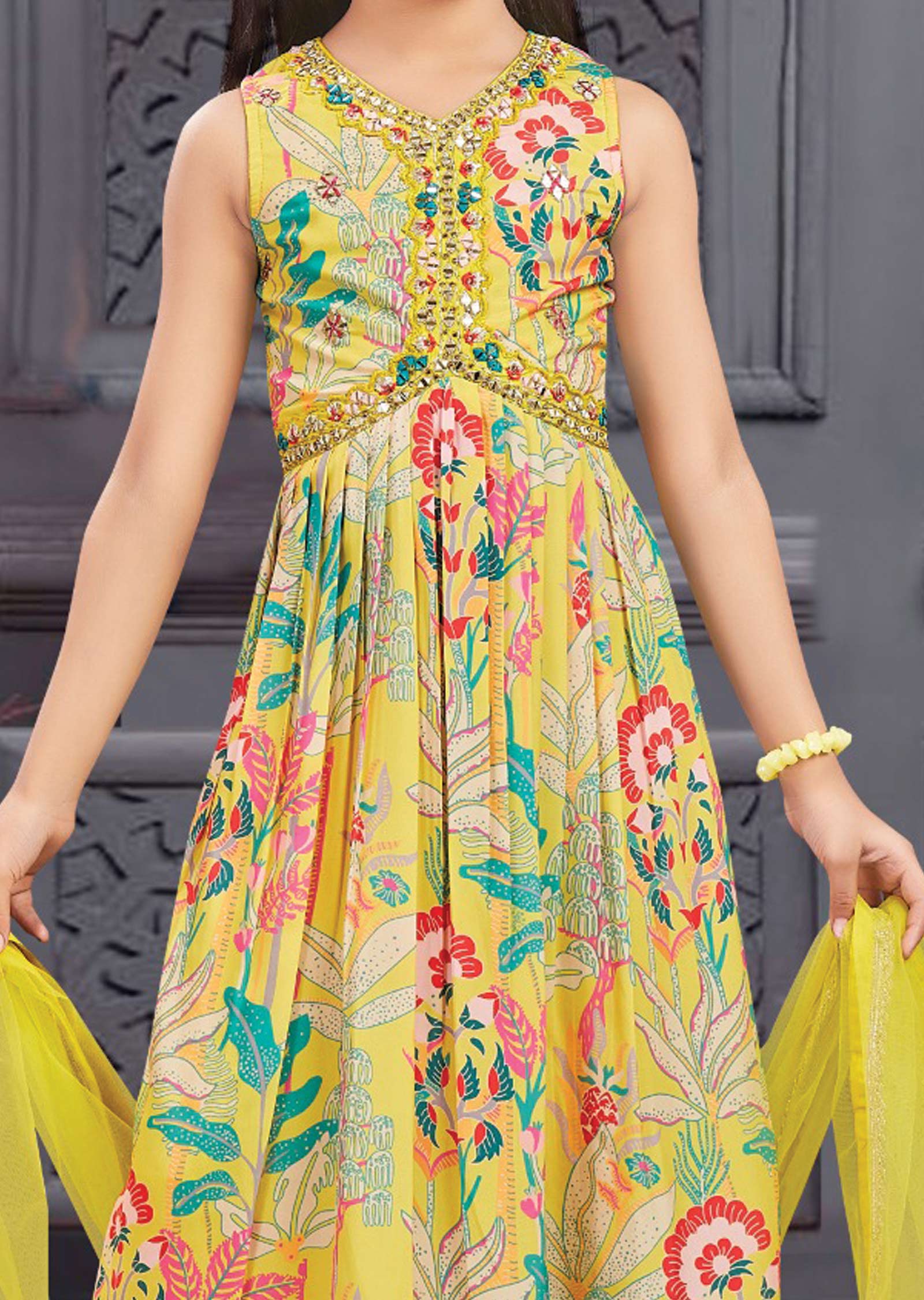 Yellow Muslin Printed Kids Alia Cut Anarkali