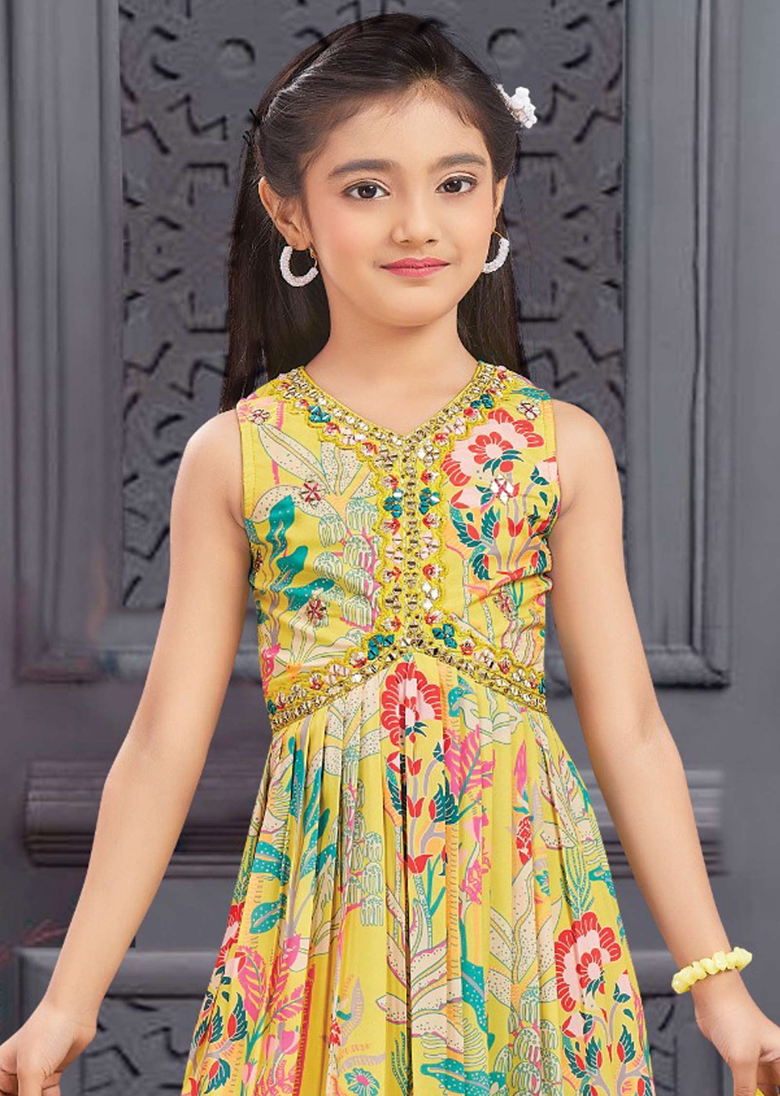 Yellow Muslin Printed Kids Alia Cut Anarkali