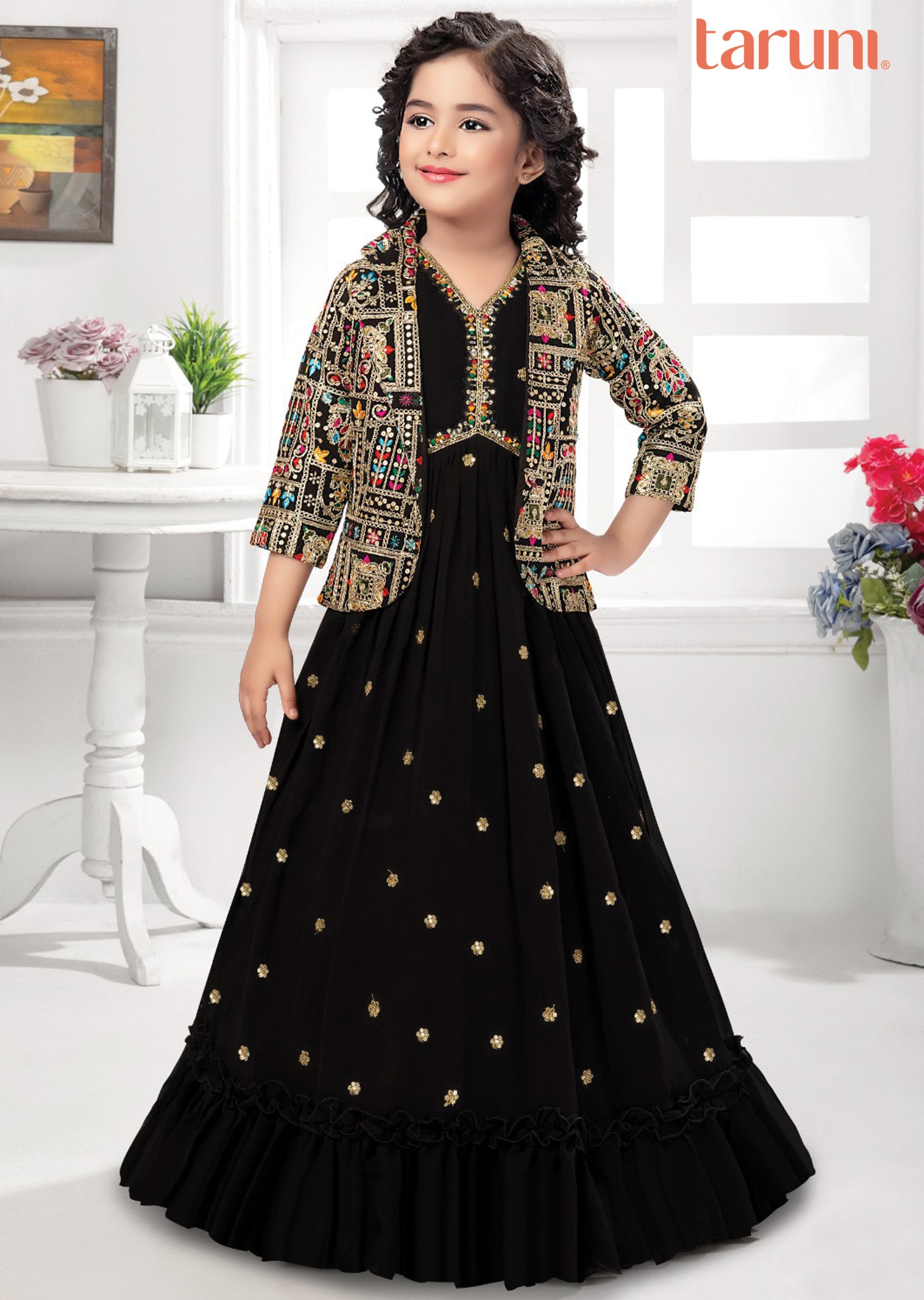 Gown With Girls Black Dress Jacket Black Georgette Kids Alia Cut Gown - Main Image