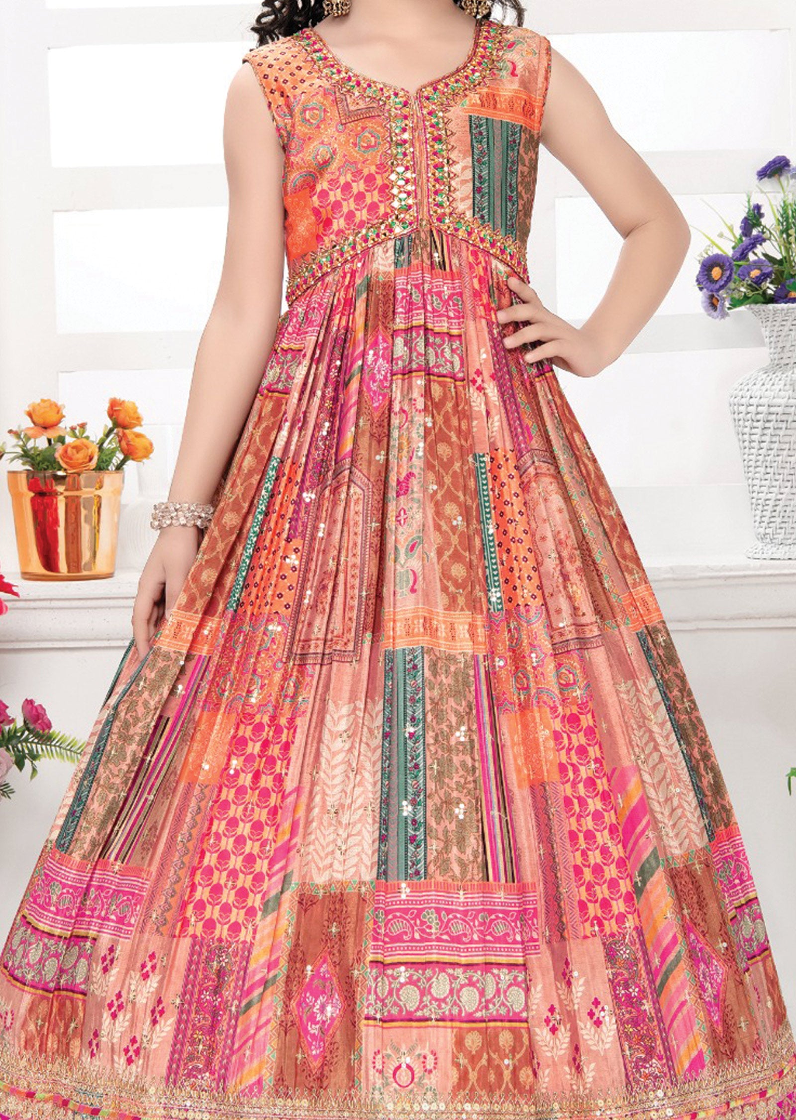 Peach & orange Chinnon Kids Alia Cut Gown