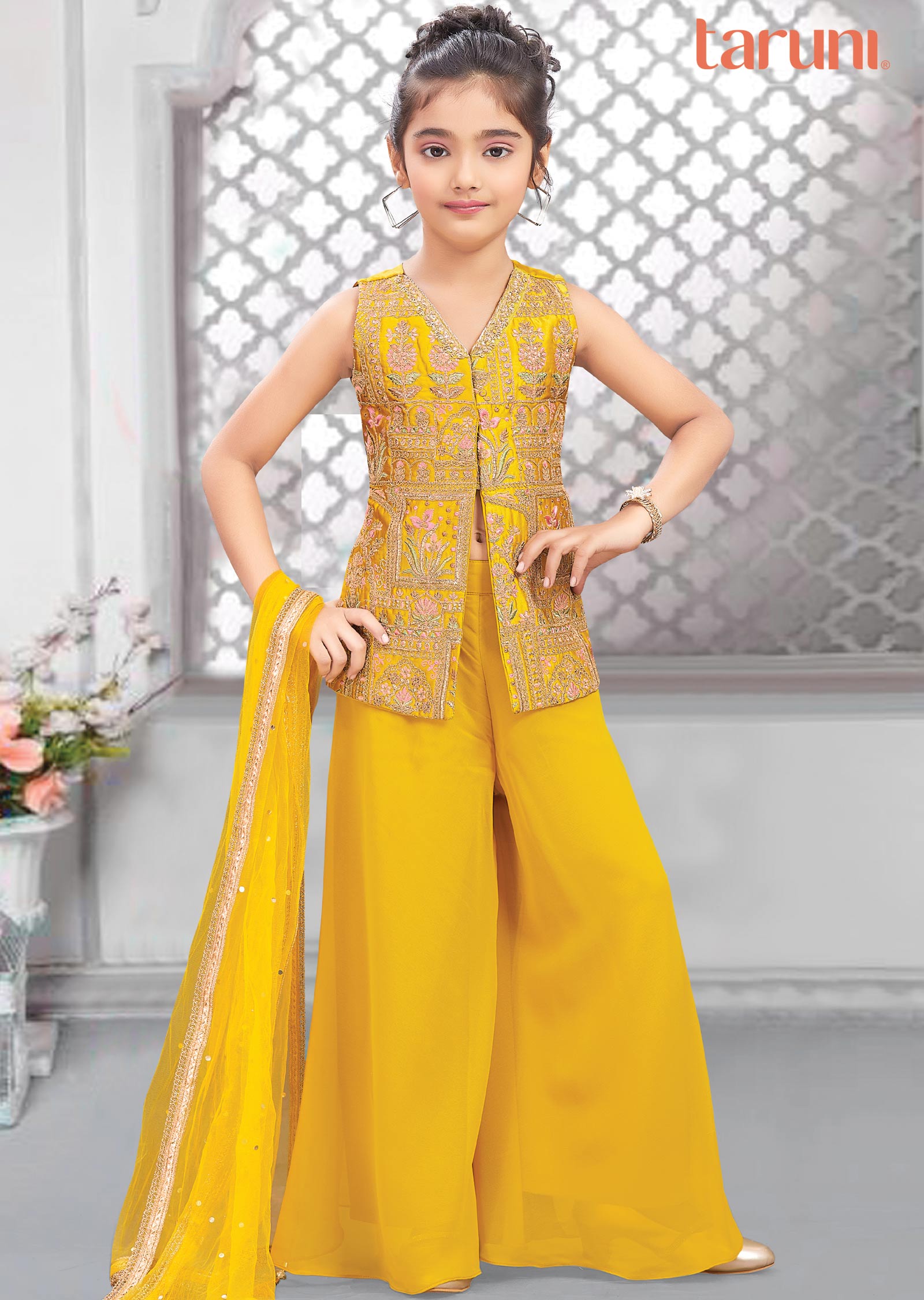 Yellow Silk Georgette Resham Work Kids Palazzo Set