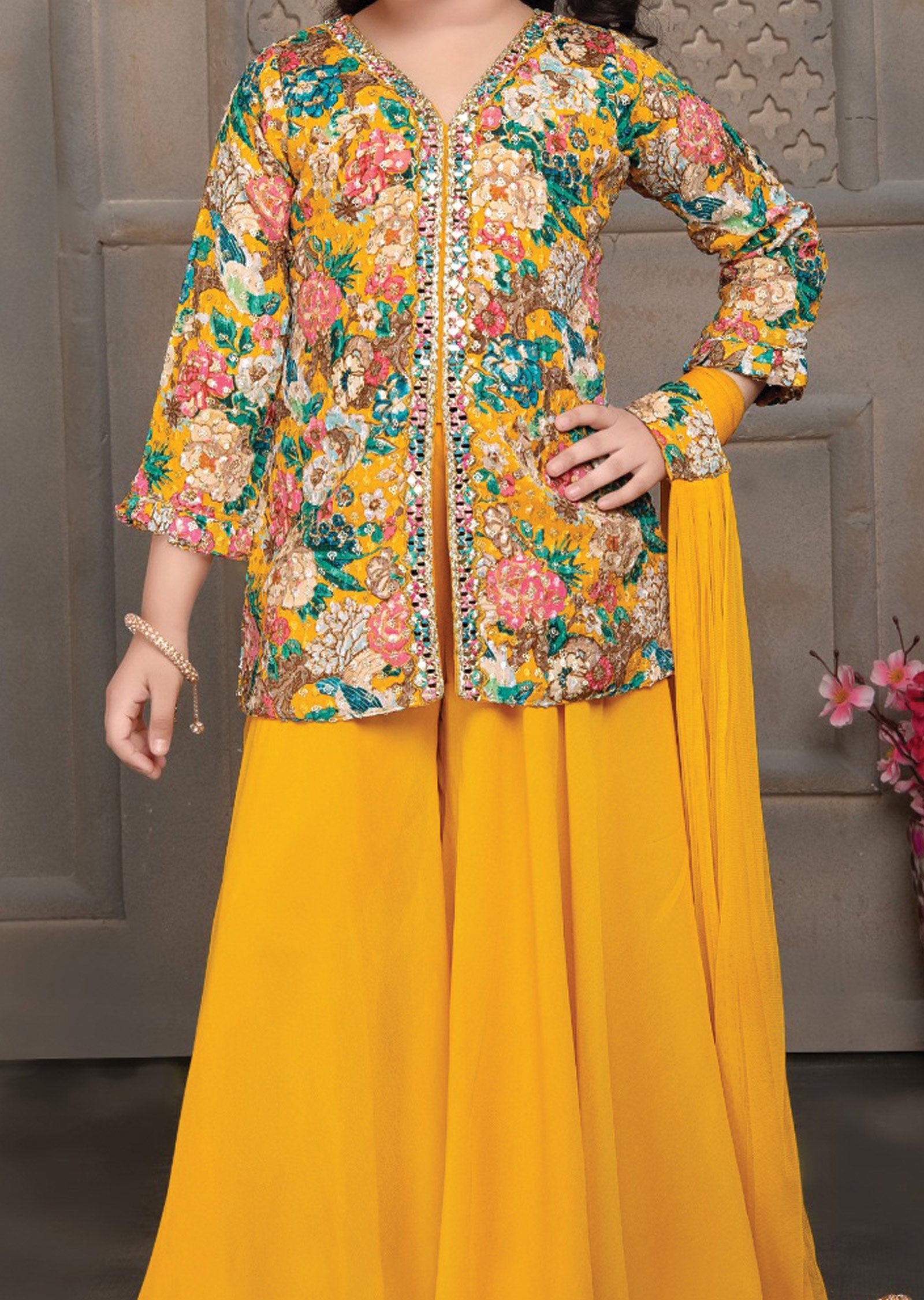 Yellow Chinnon/Georgette Kids Shararas Ghararas