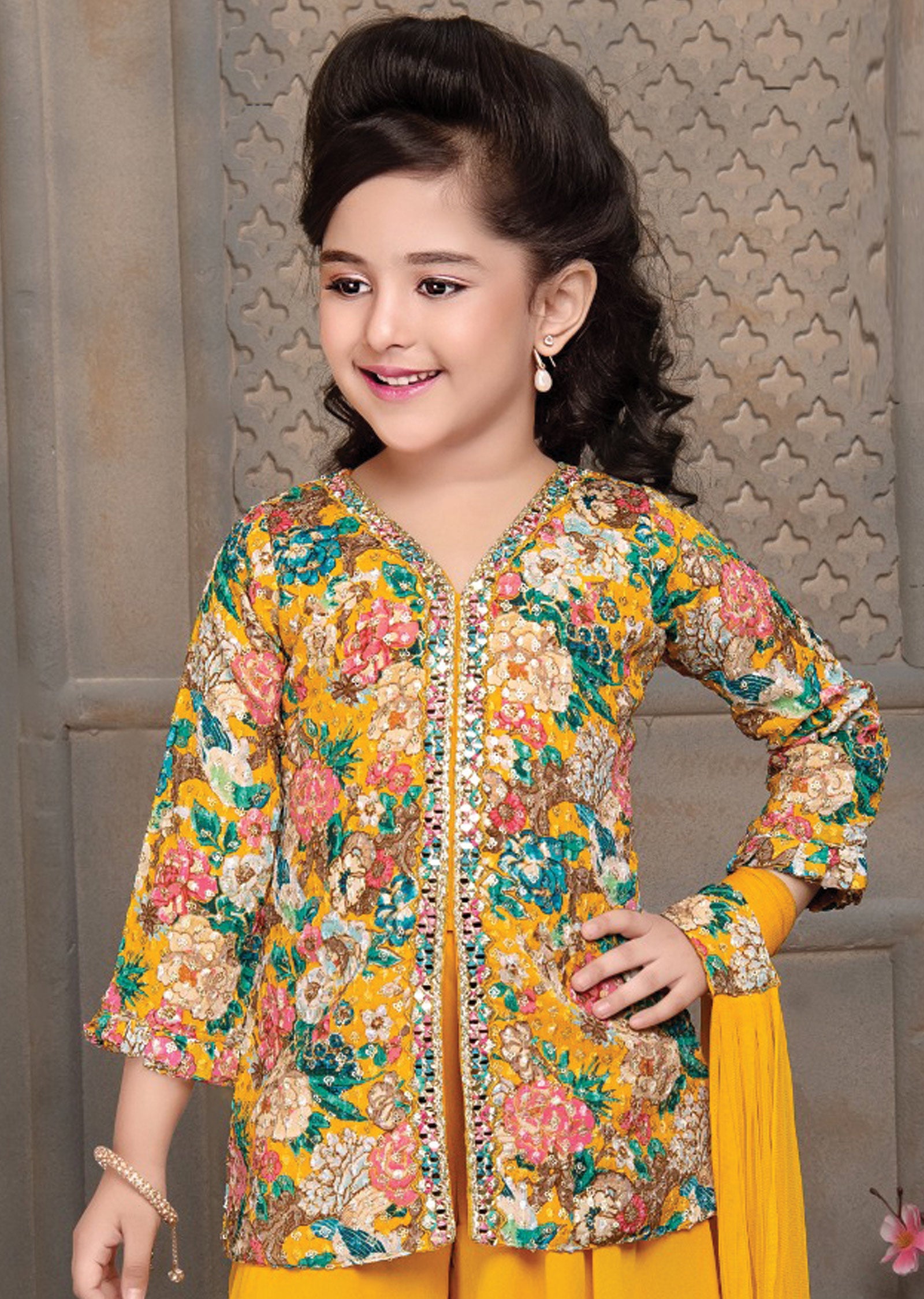 Yellow Chinnon/Georgette Kids Shararas Ghararas