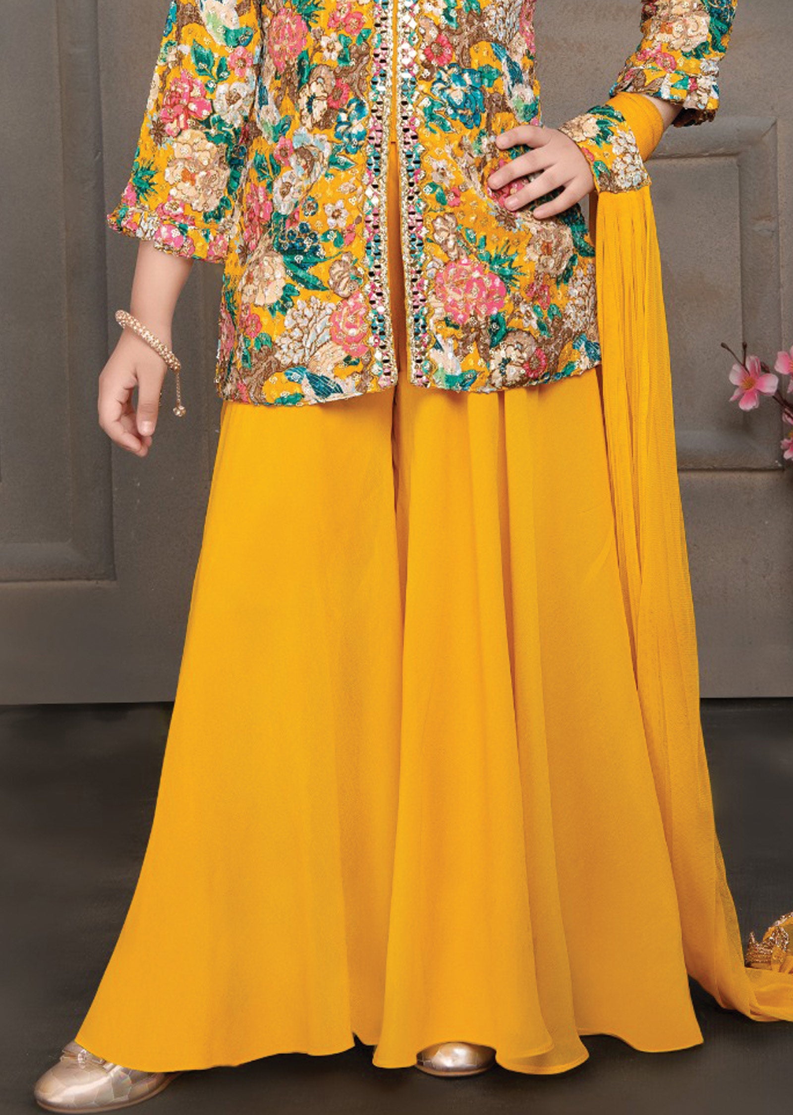 Yellow Chinnon/Georgette Kids Shararas Ghararas