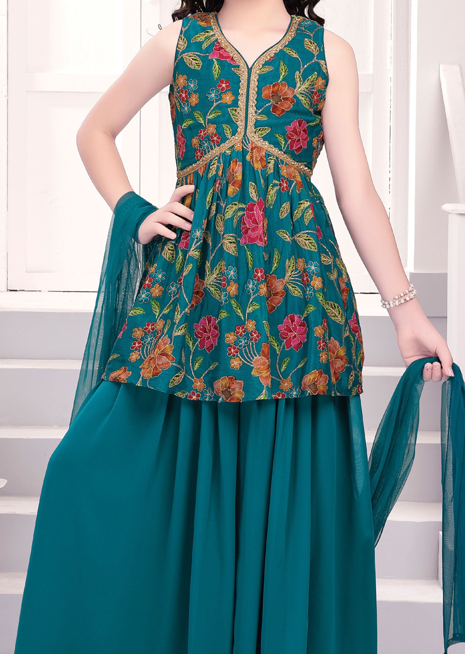 Rama Green Chinnon & Georgette Sharara Set for Kids