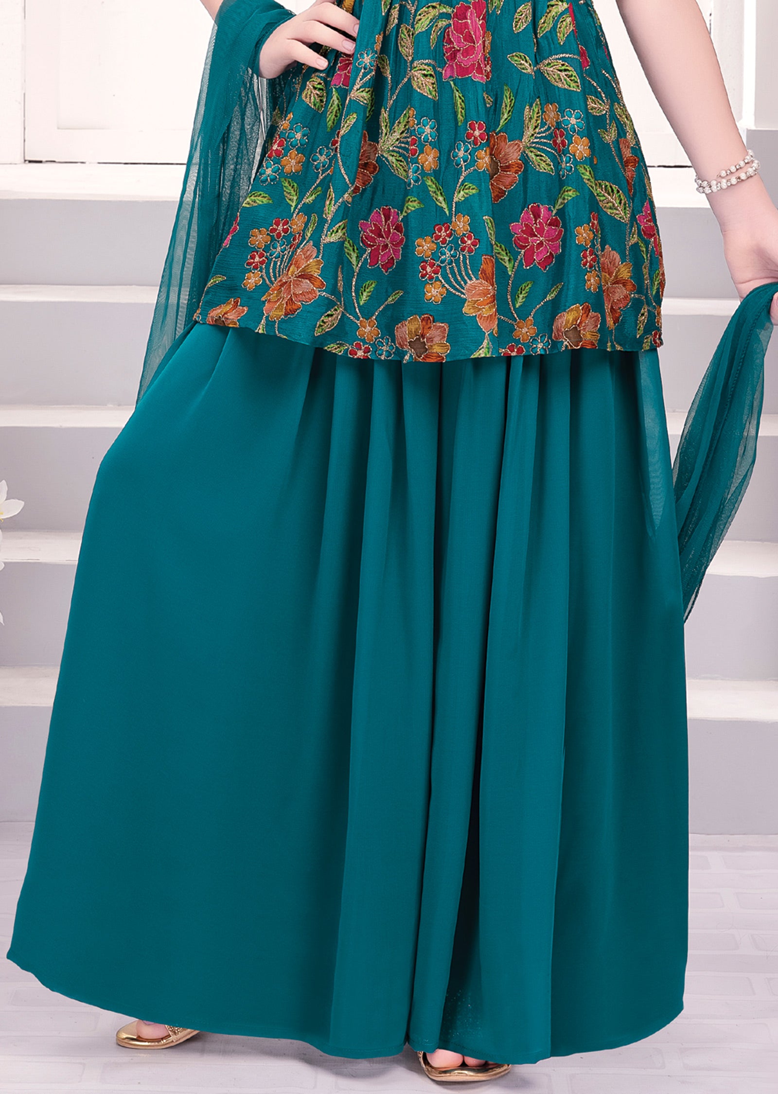 Rama Green Chinnon & Georgette Sharara Set for Kids