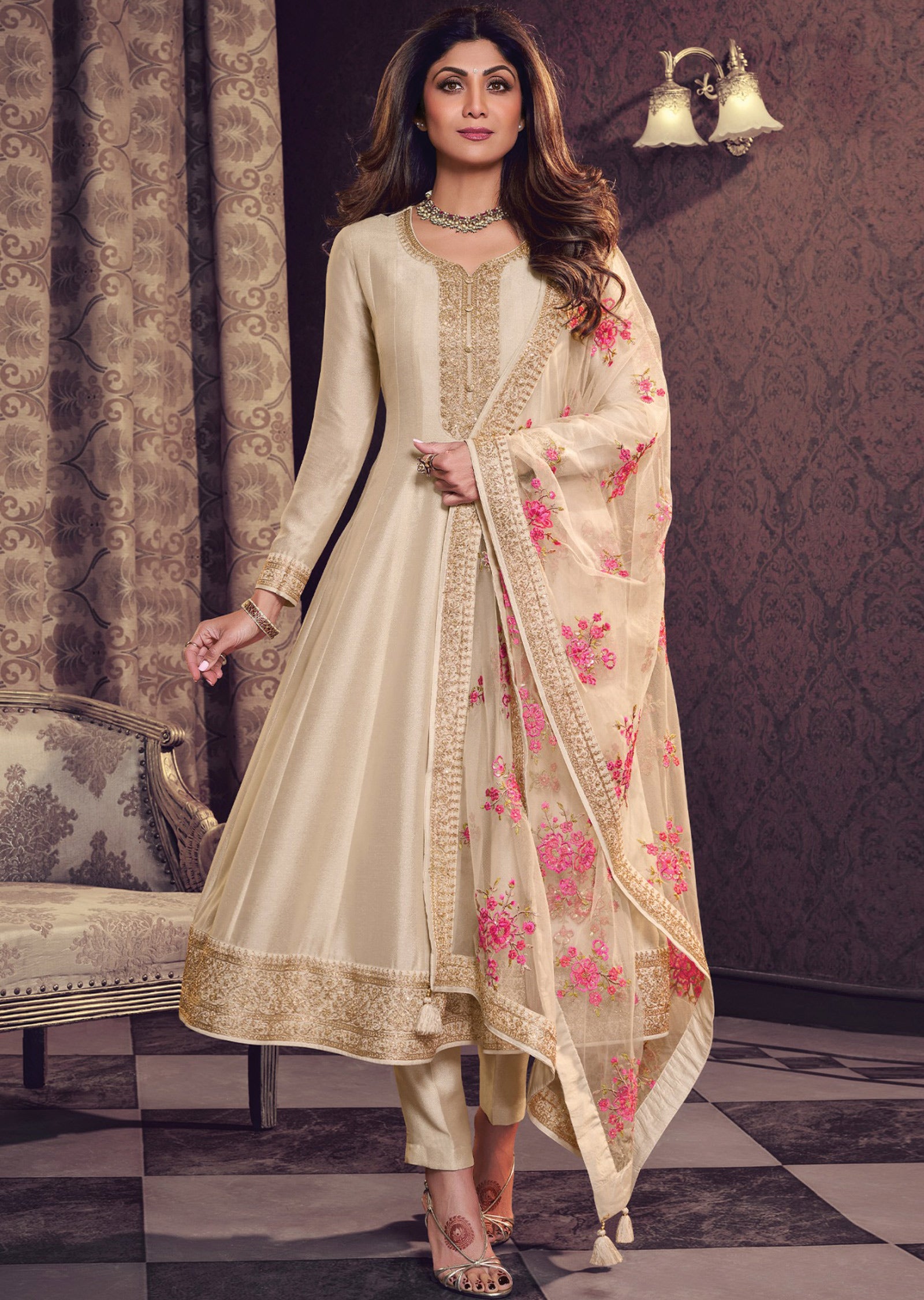 Beige Soft Silk Anarkali Suit - Main Image