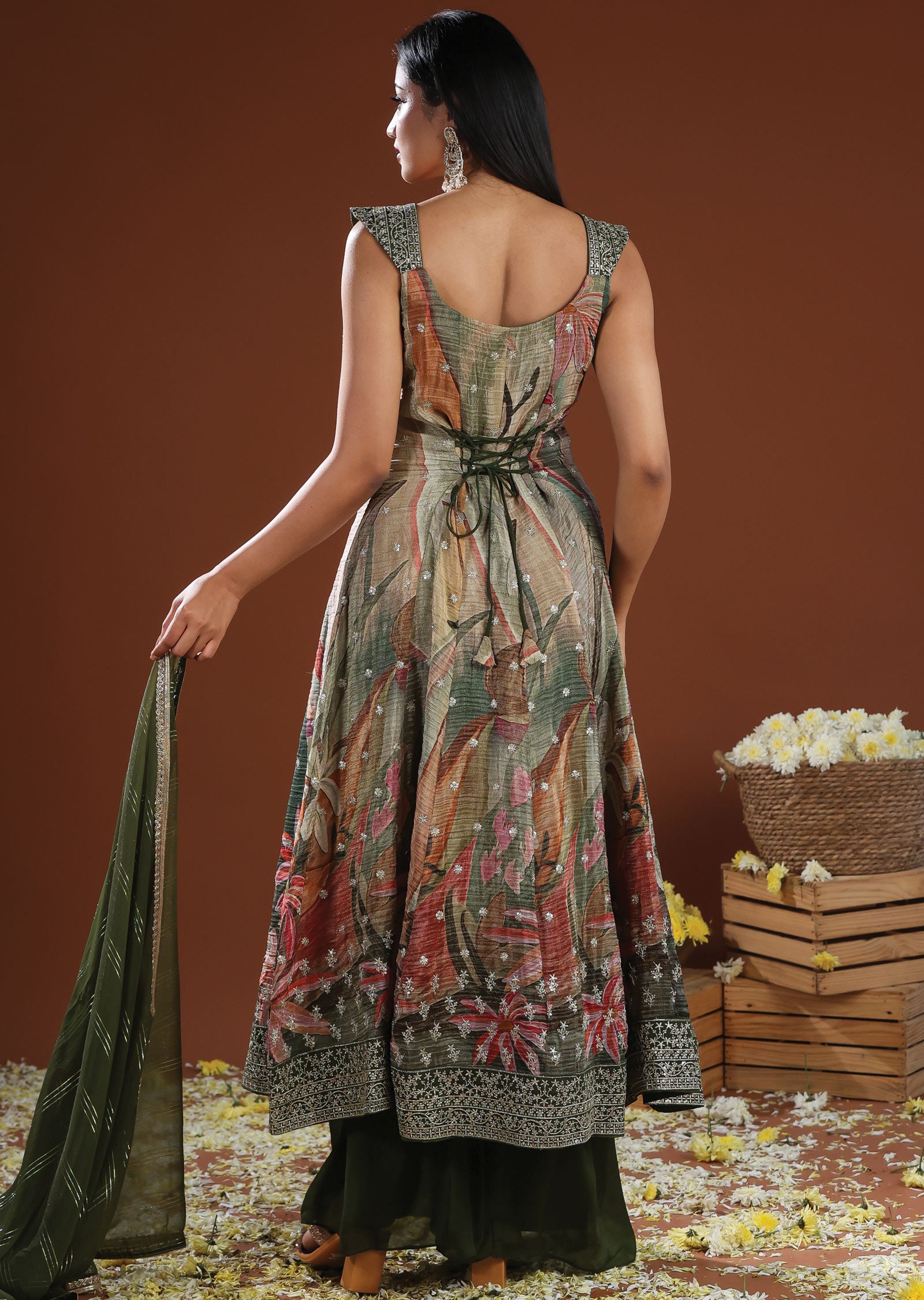 Mehendi Green Tissue Silk Anarkali Suit